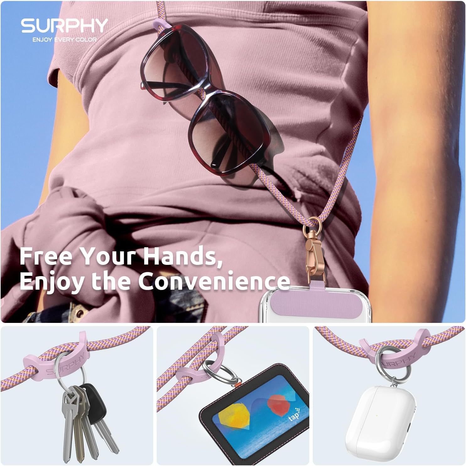 Thumbnail 2 de SURPHY Crossbody Phone Lanyard with 2 Tether Tabs, Adjustable Pink & Purple