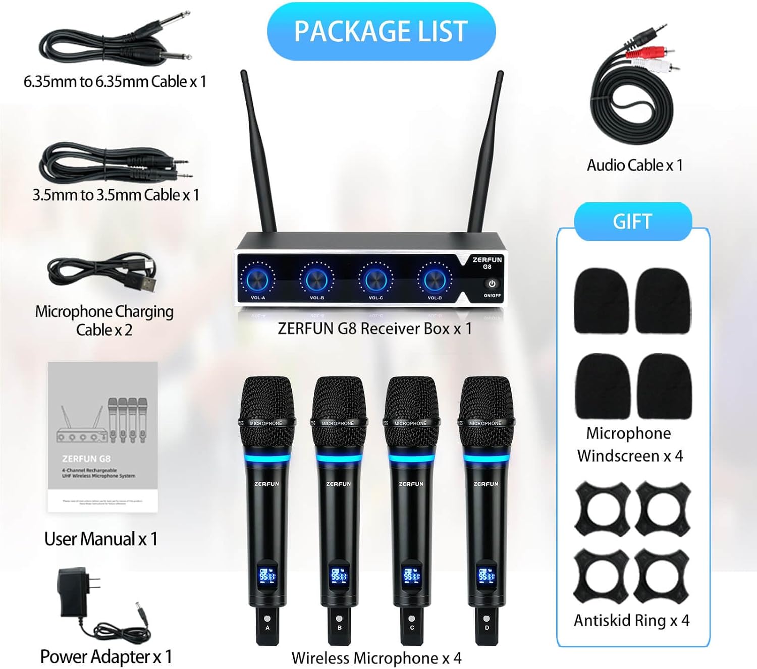 Detalle de ZERFUN Wireless Microphone System G8