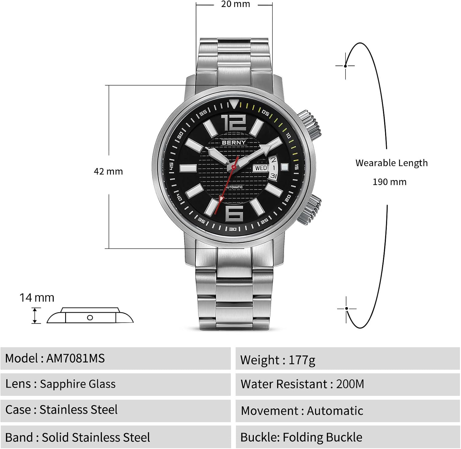 Thumbnail 5 de BERNY automatische Taucheruhr für Herren (selbstaufziehend) – mechanisches Edelstahl-Modell mit Saphirglas, 20 ATM