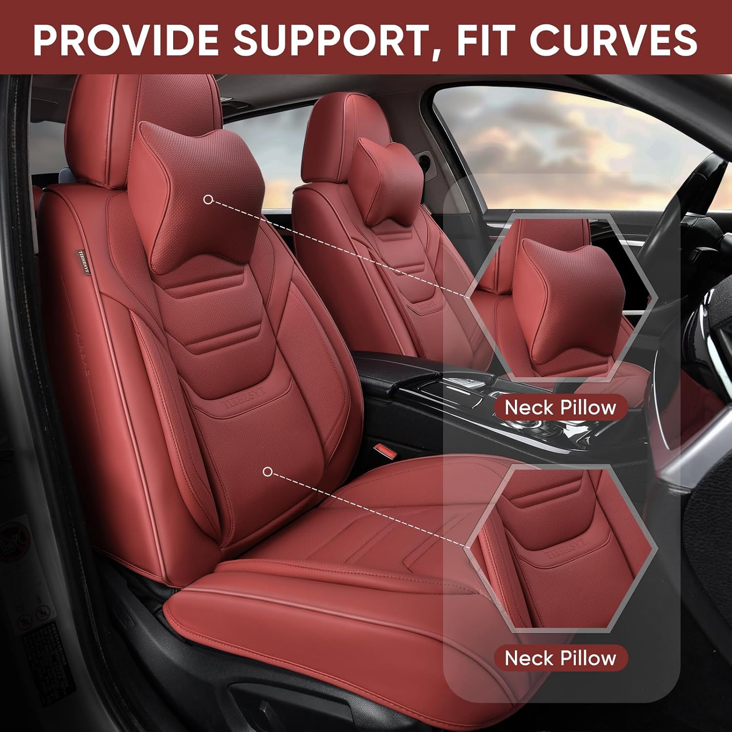 Thumbnail 1 de TIEHESYT Wine Red Car Seat Covers Full Set – Breathable Leather Front & Rear Seat Covers with Memory Headrest