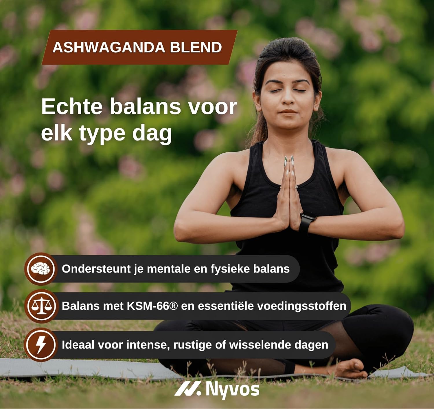 Detalle 2 de Nyvos Ashwagandha KSM-66 Blend met Rhodiola, magnesium en vitamine B6, 60 vegan capsules