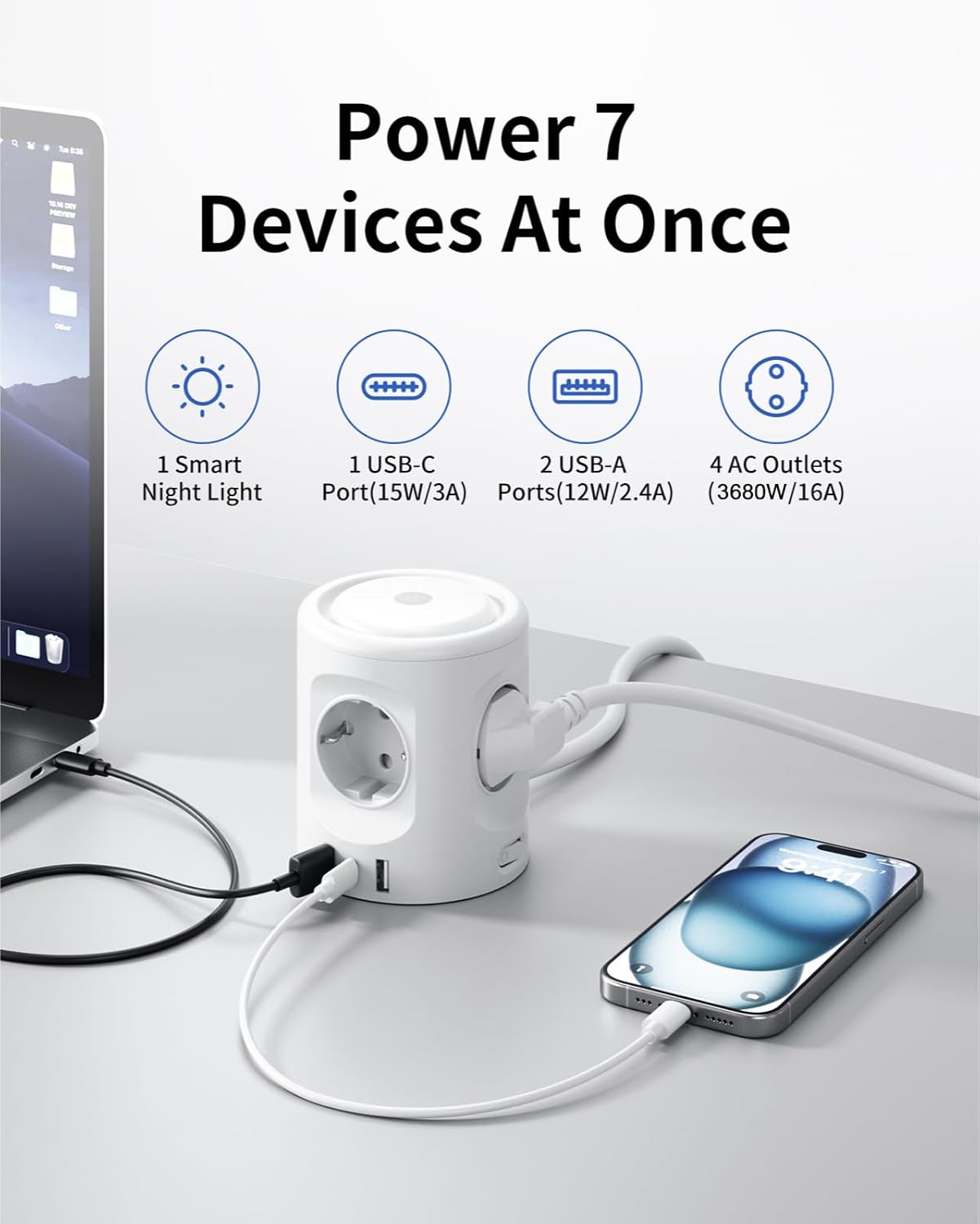 Detalle de Ciabatta multipresa con luce e 3 porte USB (USB-C + USB-A) 16A 2 m con interruttore, ciabatta a 4 scomparti Schuko