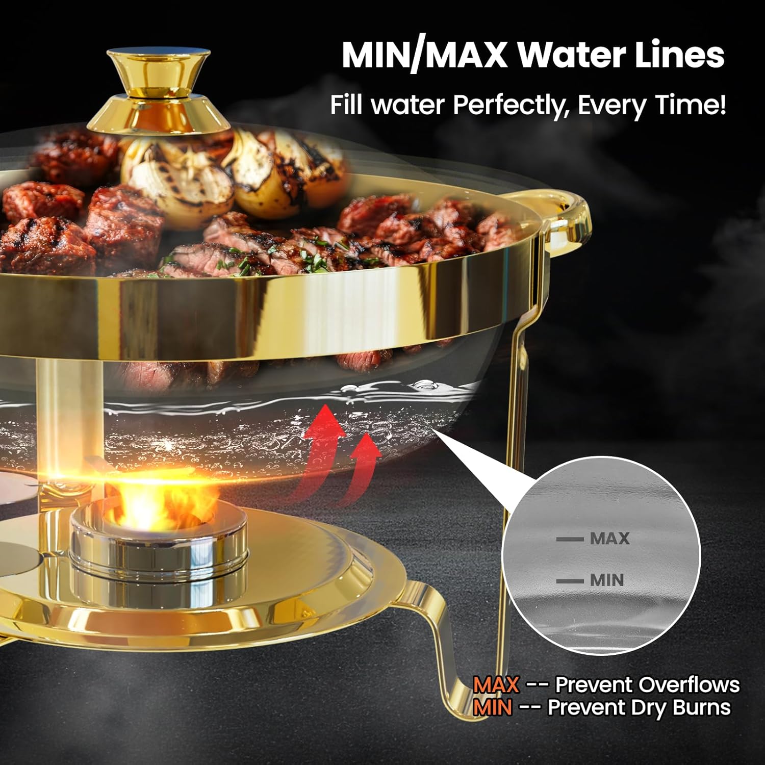 Detalle 2 de Round Chafing Dishes for Buffet 4 Pack (6QT) – Gold Chafer Sets with Gloves, Spoons, Slotted Spoons & Tongs