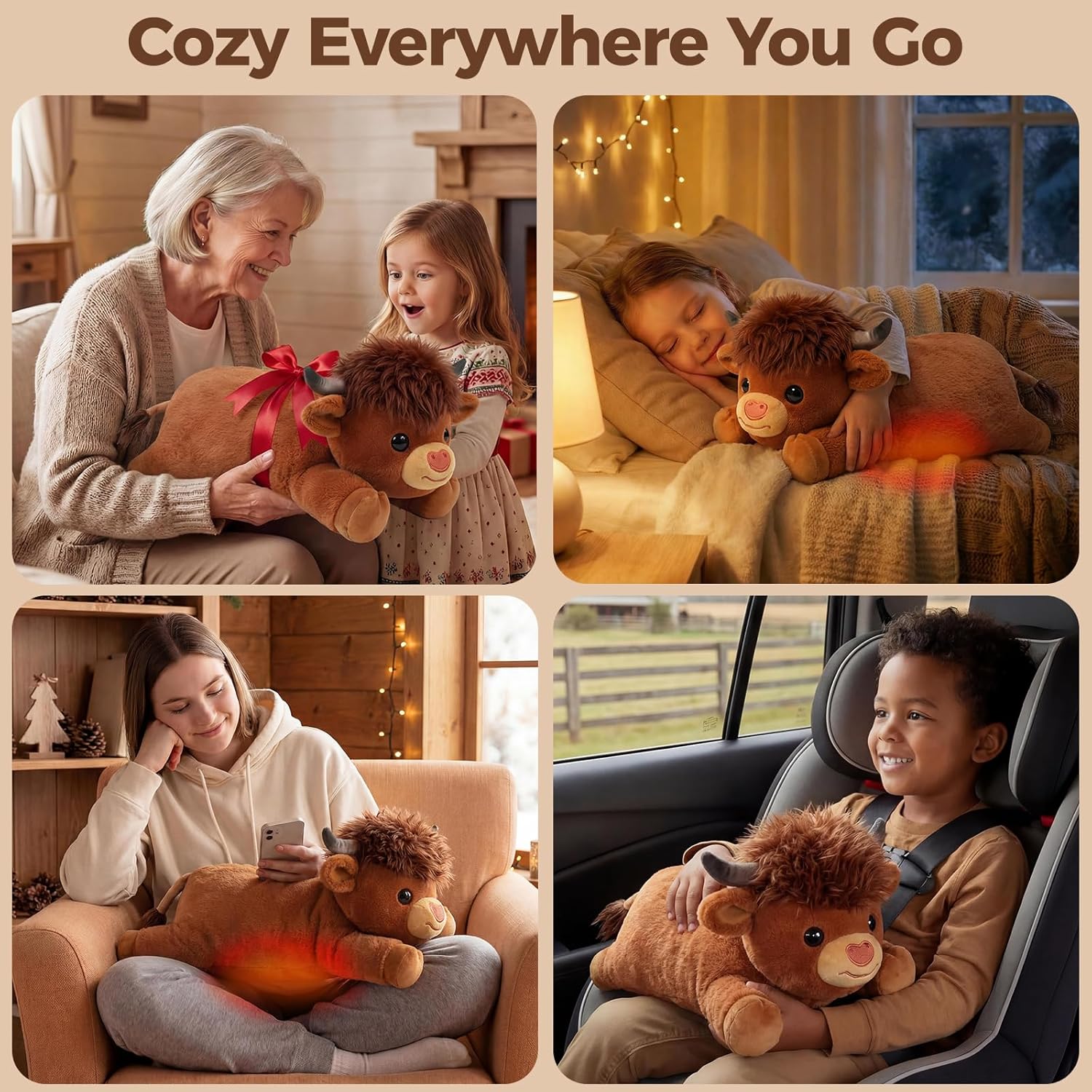 Detalle de Mewaii Highland Cow Weighted Stuffed Animal with Microwavable Heating Pad (Amber Brown, 23 Inch)
