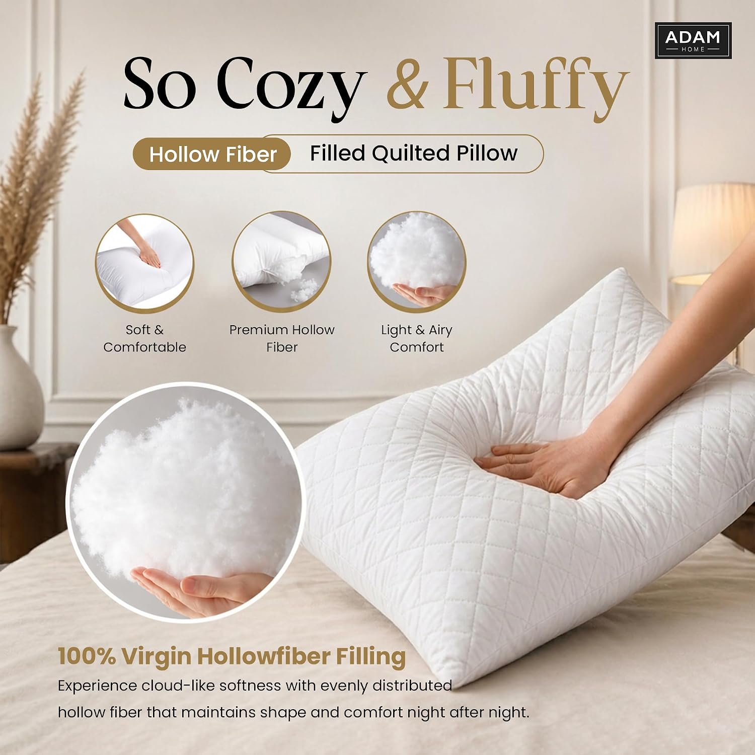 Detalle de Adam Home Pillows 2 Pack – Hotel Quality, Quilted Cover, Hypoallergenic Filling