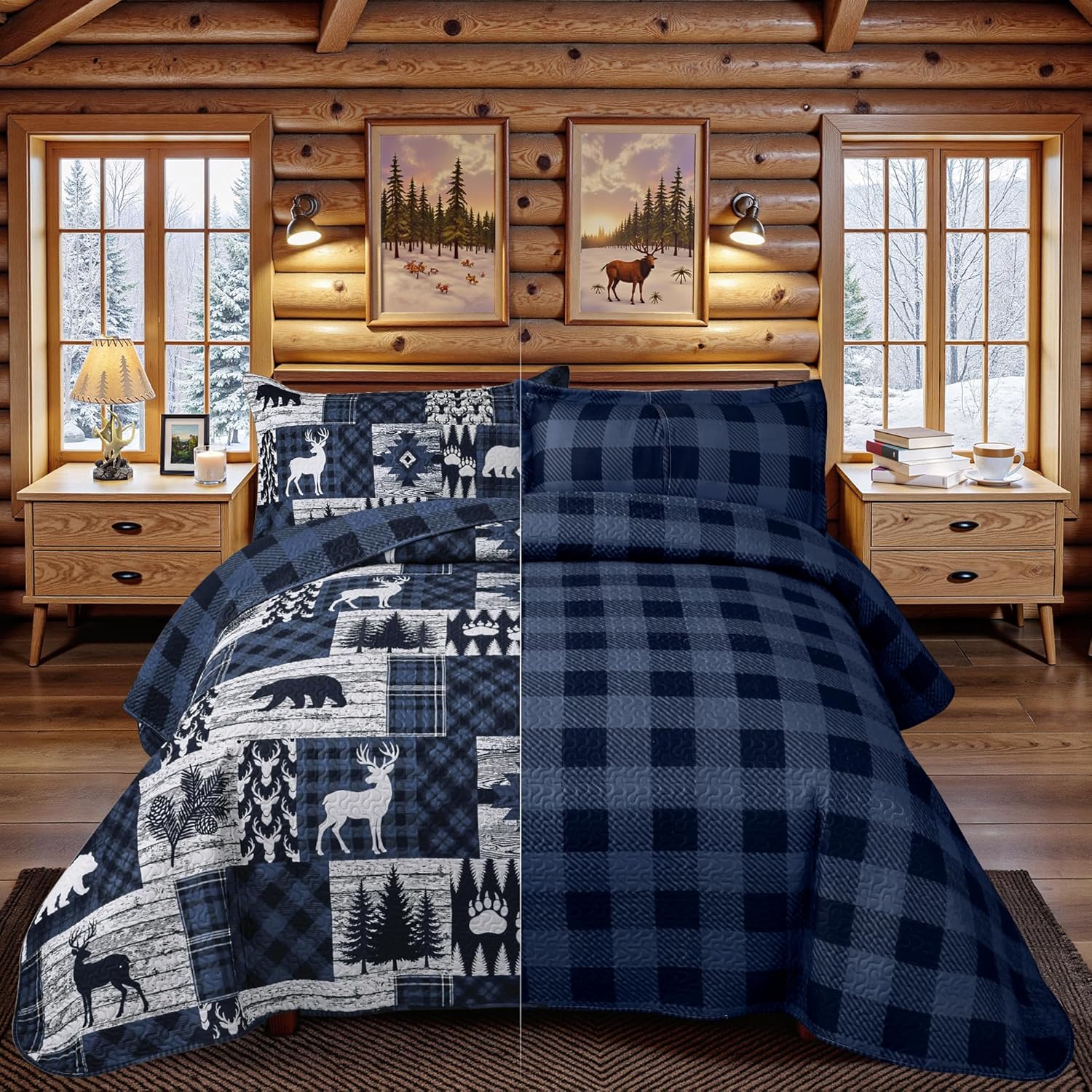 Thumbnail 2 de Cabin 3-Piece Full/Queen Quilt Set (90"x96") Reversible Farmhouse Rustic Microfiber Bedding, Blue