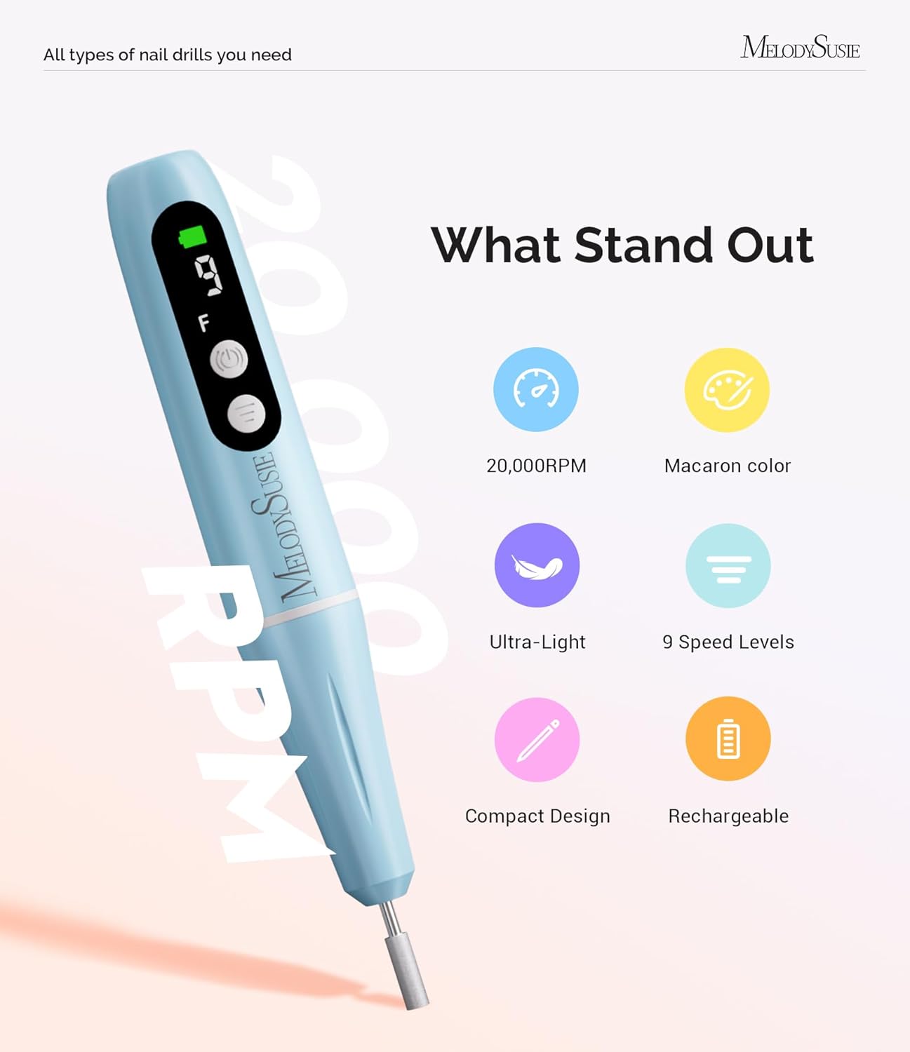 Thumbnail 1 de MelodySusie PC90G — ponceuse pour ongles sans fil rechargeable jusqu’à 20 000 tr/min, écran LED et kit manucure/pédicure (bleu)