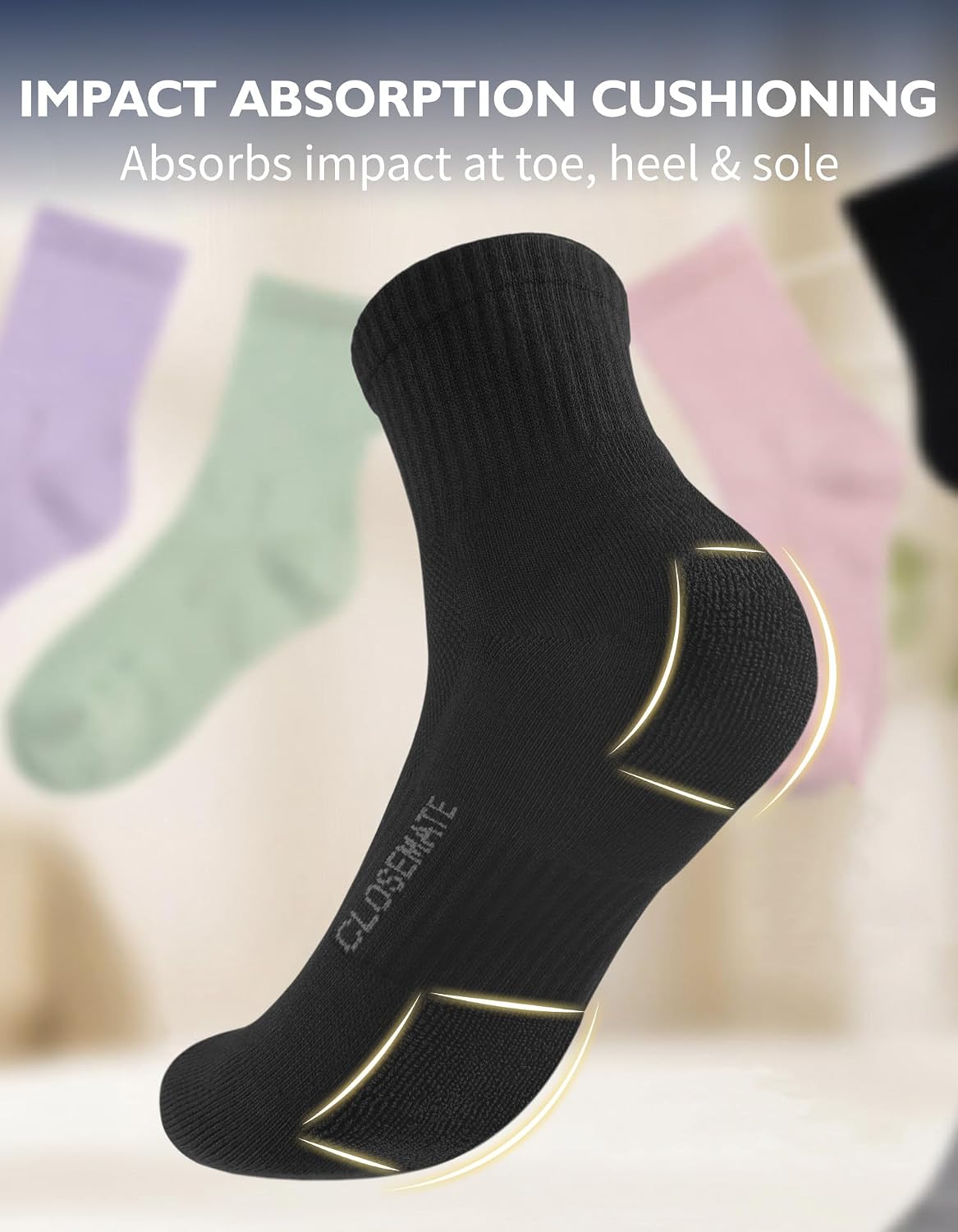Detalle de CLOSEMATE Trainer Socks, Cotton Blend, Cushioned Sole & Arch Support, 3 Pairs