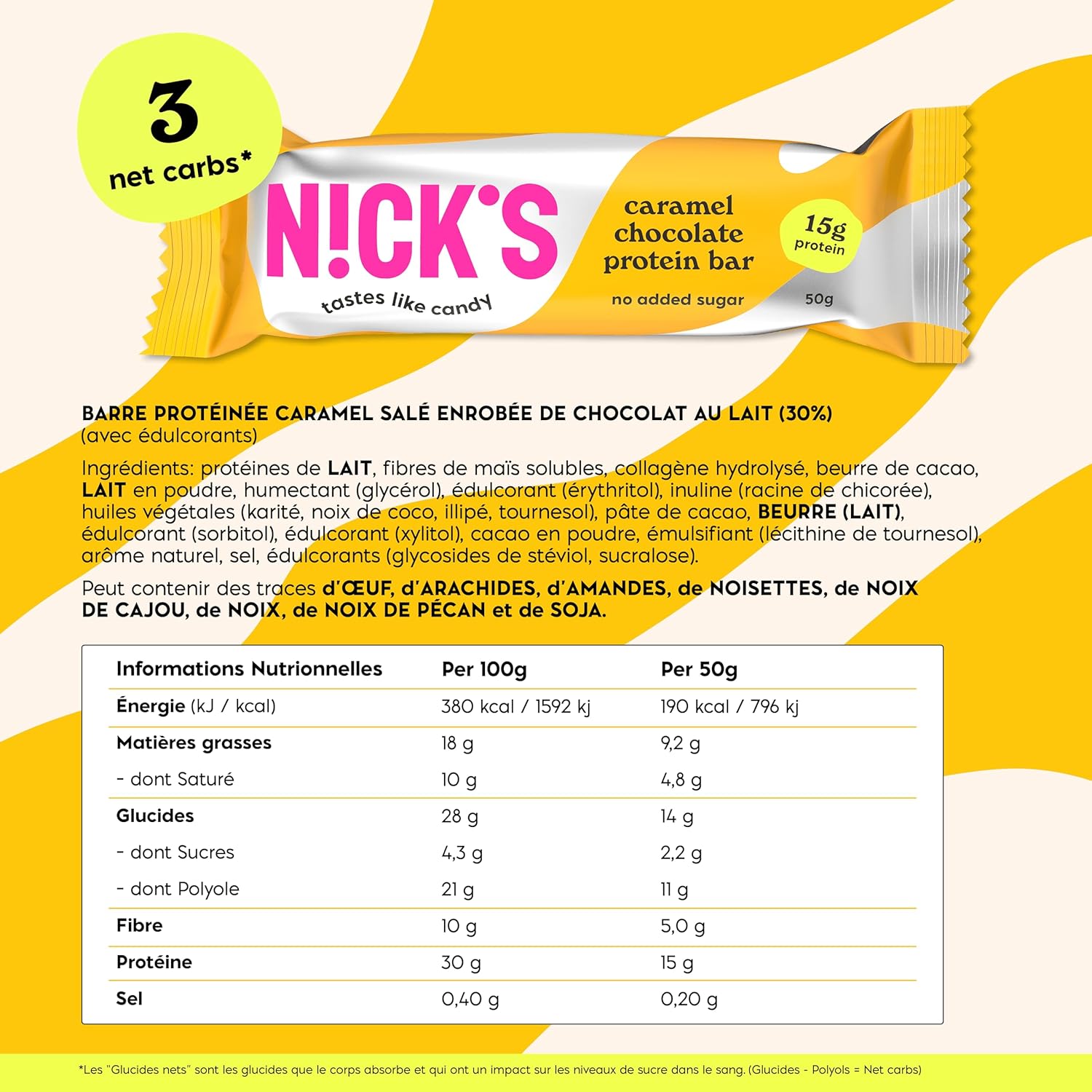 Detalle 2 de NICKS Barre protéinée caramel chocolat 15 g protéines 🍫