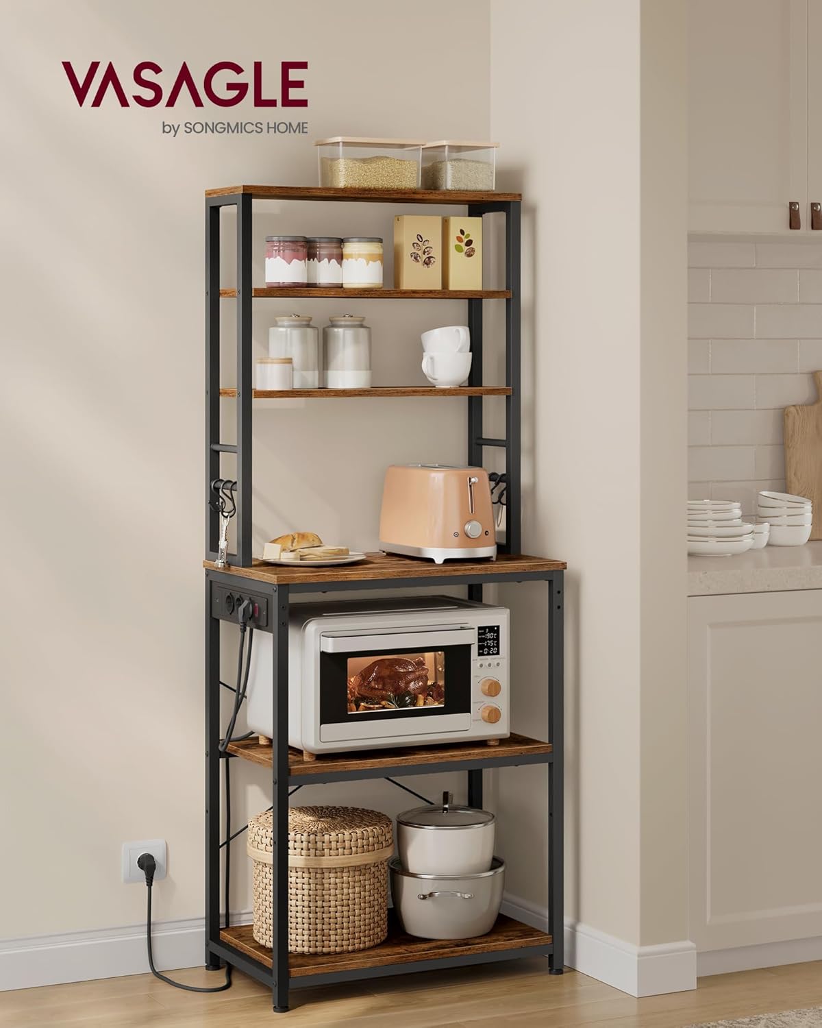 Thumbnail 1 de VASAGLE KKS124K01 scaffale da cucina con ciabatta e supporto microonde, 6 ripiani e 6 ganci