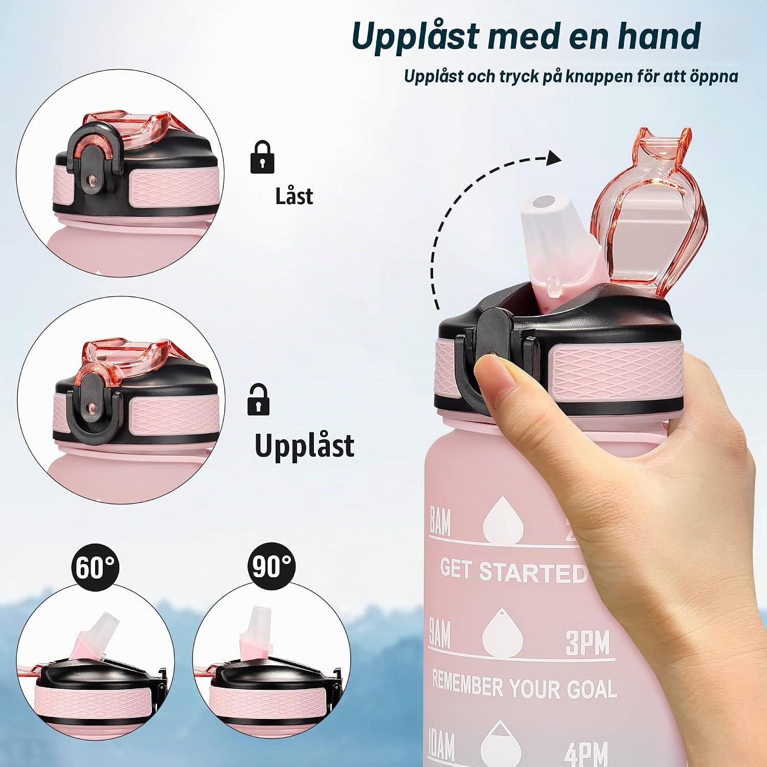 Detalle de YC Kitchen jb-1000l-FL motiverande vattenflaska, 1 liter med tidsmarkör