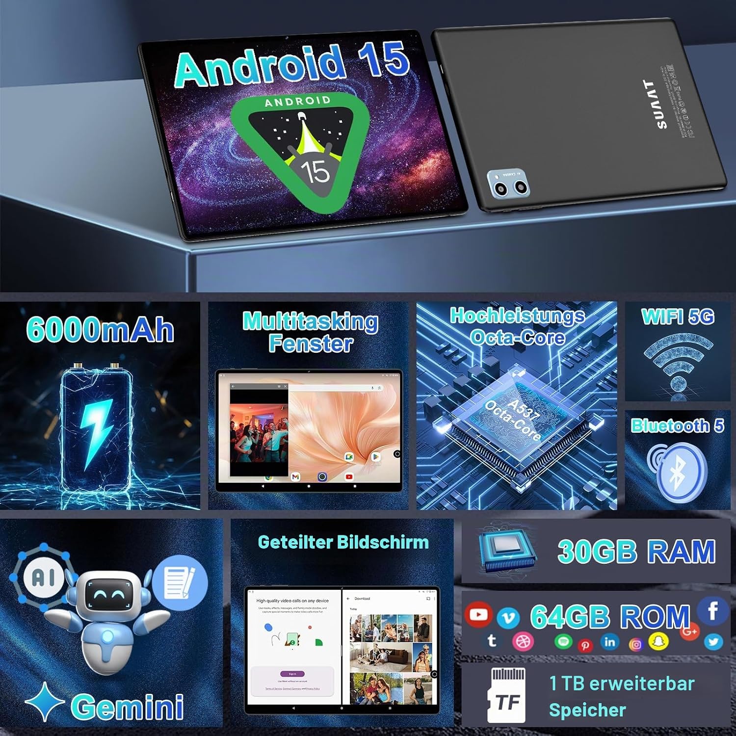 Detalle de SUAAT 2026 Tablet – Android 15, 10 Zoll, 64 GB ROM + 2 TB microSD, 5G Wi‑Fi, inkl. Hülle, Tastatur und Maus