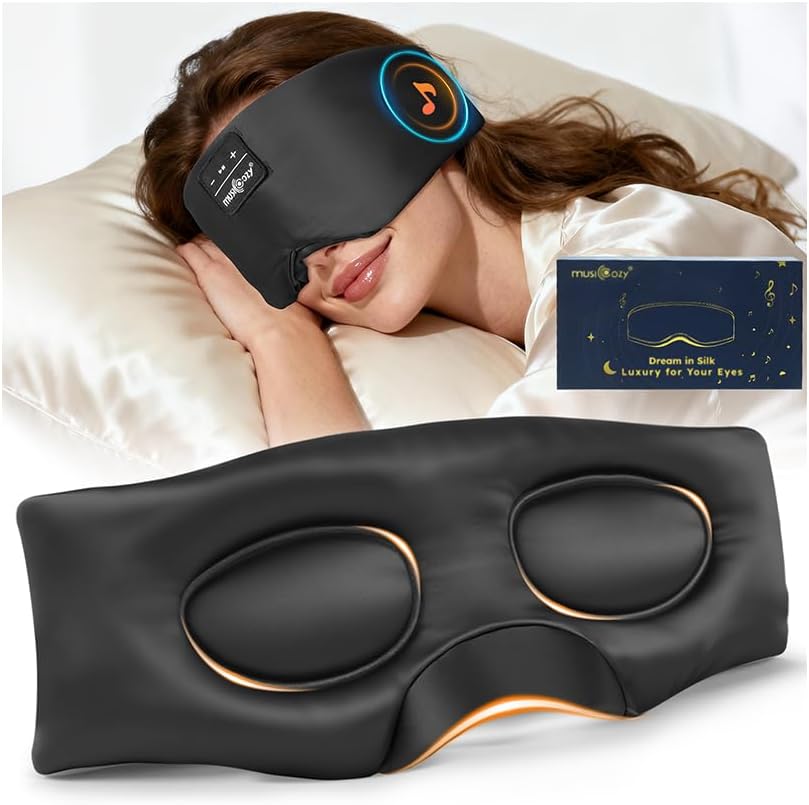 Detalle de MUSICOZY Silk Sleep Mask Headphones: 100% Mulberry Silk Bluetooth Sleep Mask with 3D Eye Design