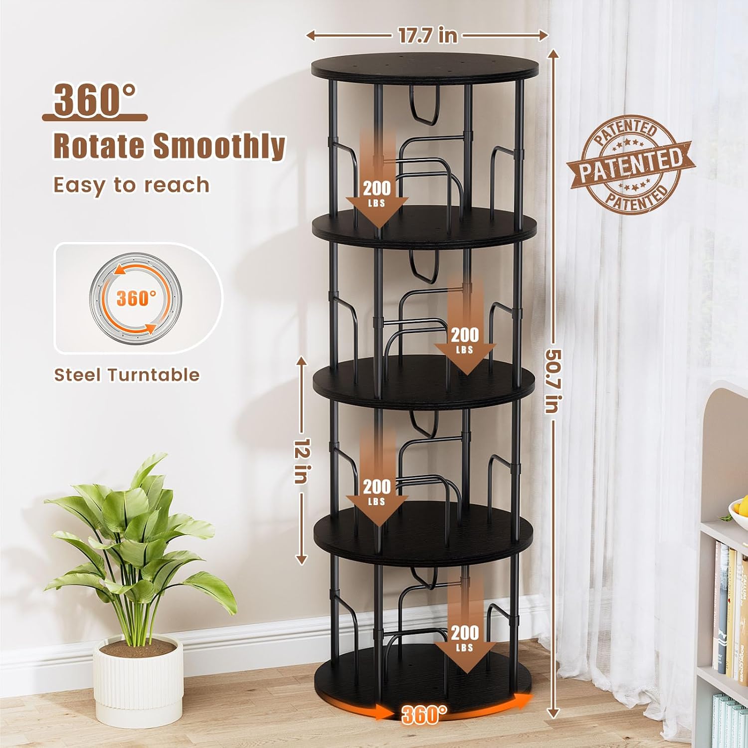 Thumbnail 1 de ALLSTAND SM1272DZUSBL4 Rotating Bookshelf, 4 Tiers, 360° Black