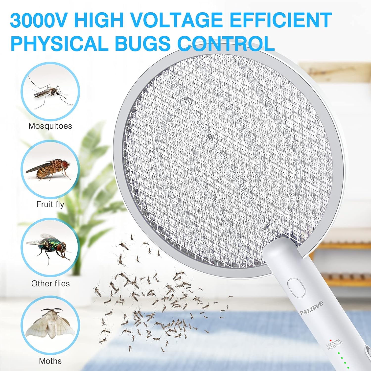 Thumbnail 5 de PALONE Electric Fly Swatter 4000V Bug Zapper – Rechargeable Handheld Racket (White ×2)
