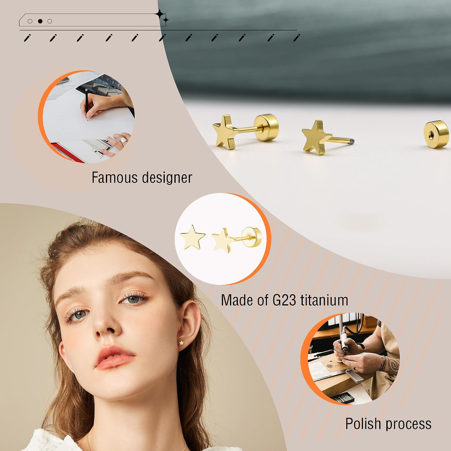 Detalle de ZDE Titan Damen Flat-Back Herz-Ohrstecker (G23), nickelfrei & hypoallergen, 5 mm