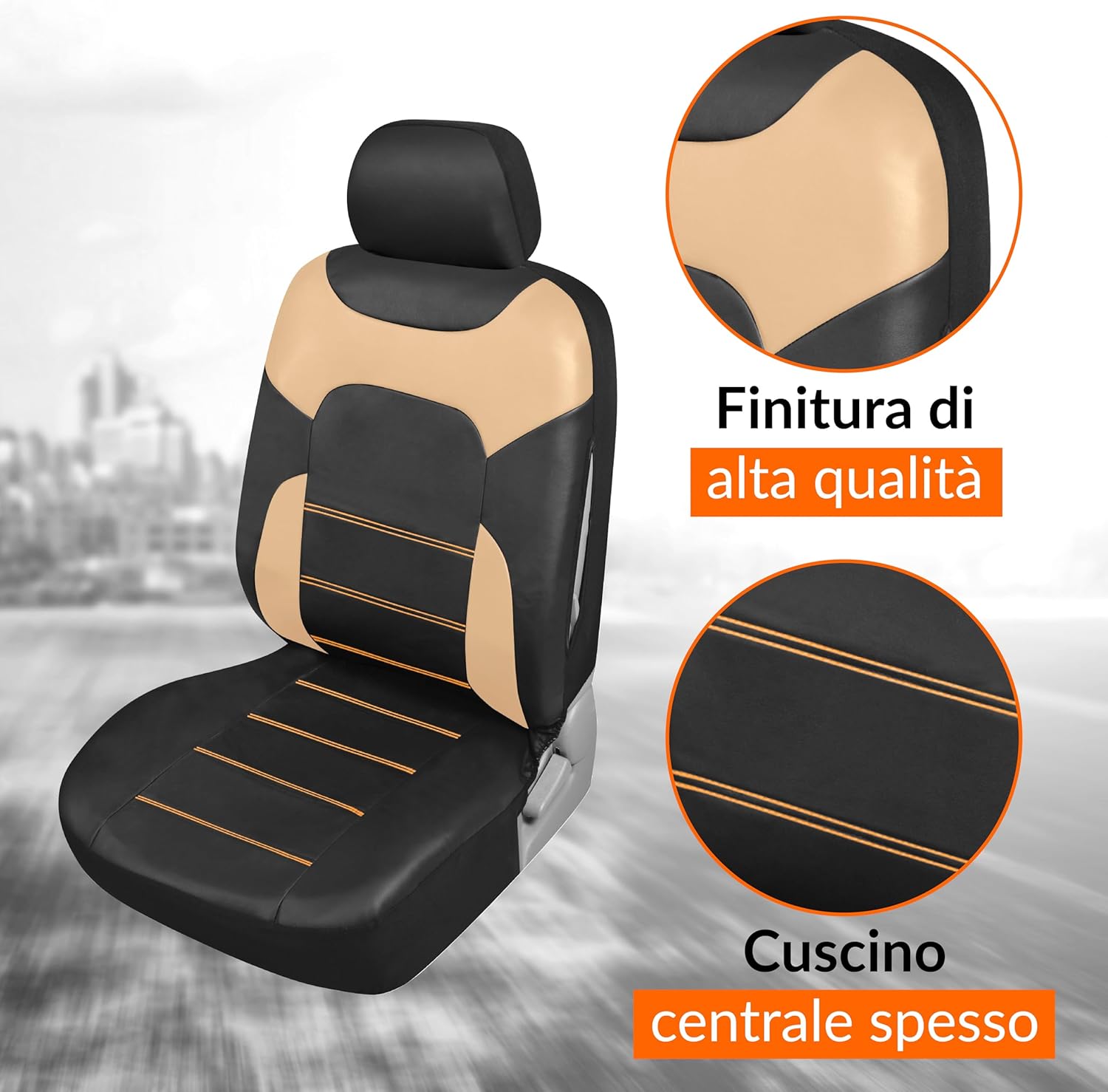 Detalle de Upgrade4cars Coprisedili Auto Universale Ecopelle Beige – Set Completo Anteriore e Posteriore
