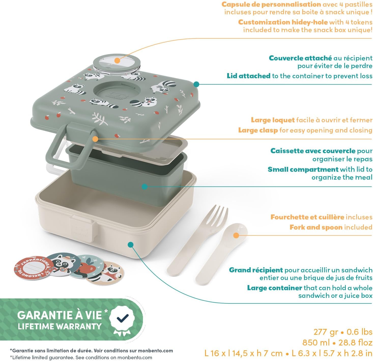 Thumbnail 1 de monbento Snacky Bambini verde Raccoon – porta panino e merenda personalizzabile con posate incluse, senza BPA