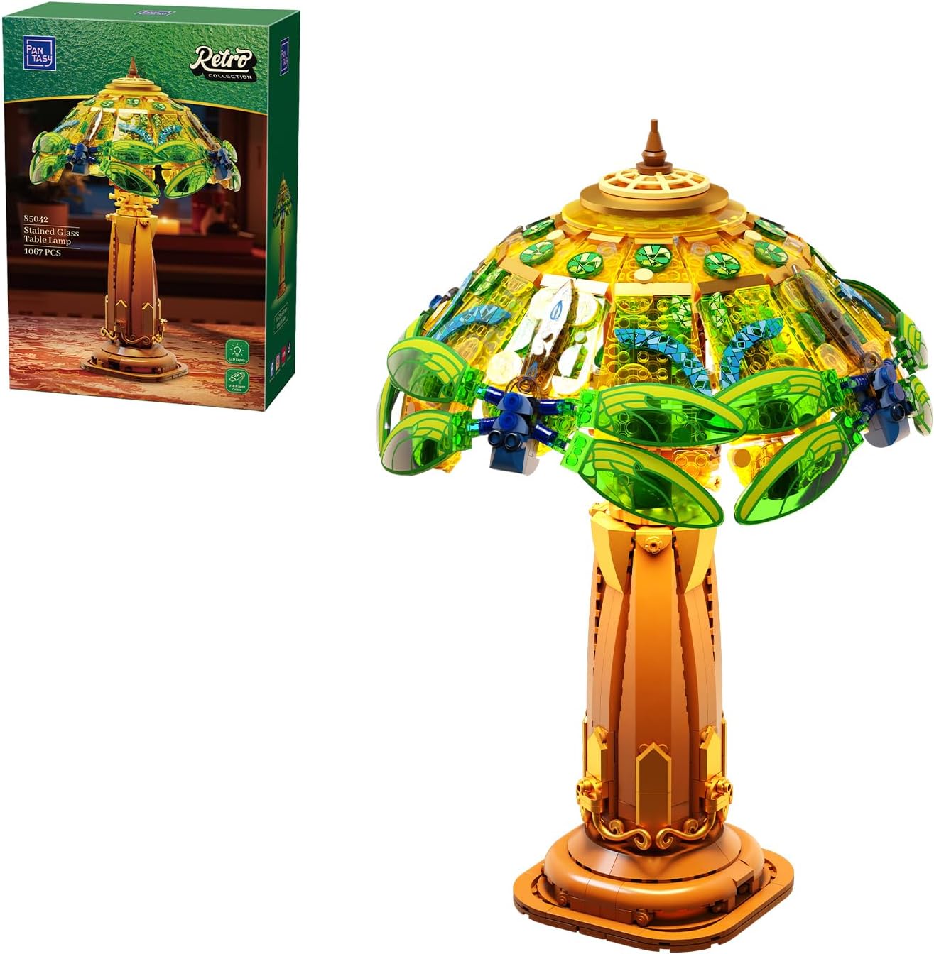 Detalle de PAN TASY 85042 – lampa stołowa z klocków LED, witrażowy klosz