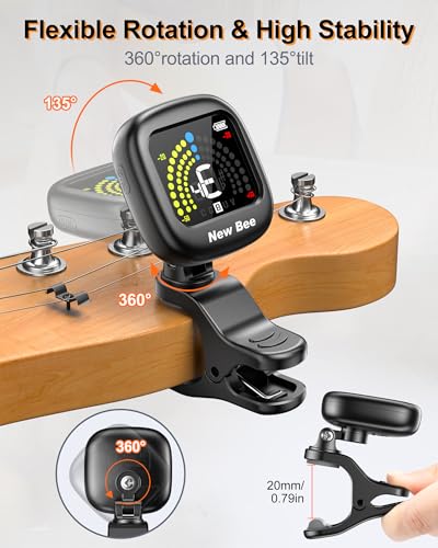 Detalle de New Bee Guitar Tuner Clip On: Rechargeable, Bright VA Display, Multi-Instrument Clip-On Tuner