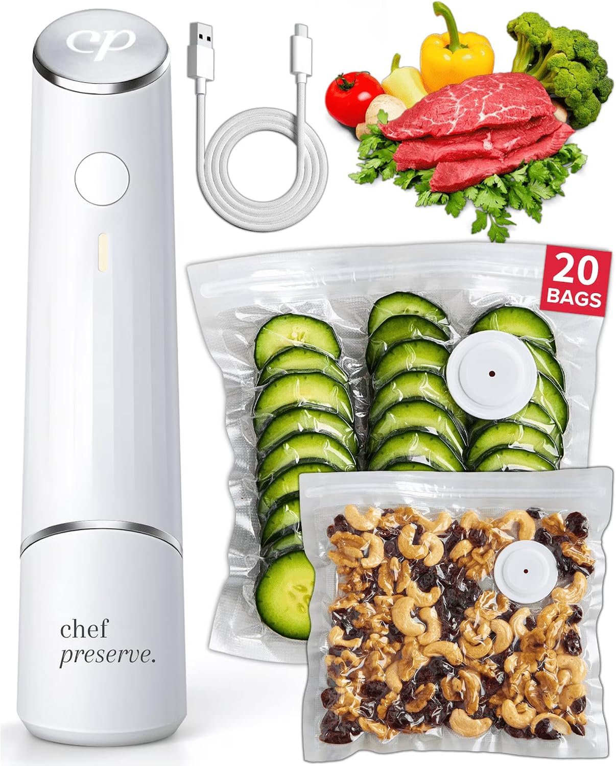 Detalle de Chef Preserve Compact Vacuum Sealer for Food (Handheld Vacuum Sealer + 20 Reusable Bags)