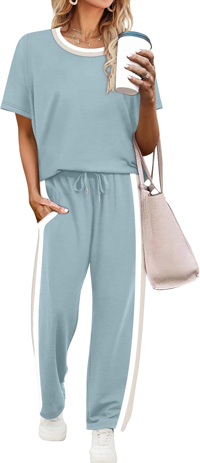 Detalle de WIHOLL 2 Piece Lounge Set for Women — Lightweight Spacer Fabric, Short Sleeve Top & Wide Leg Pants with Pockets