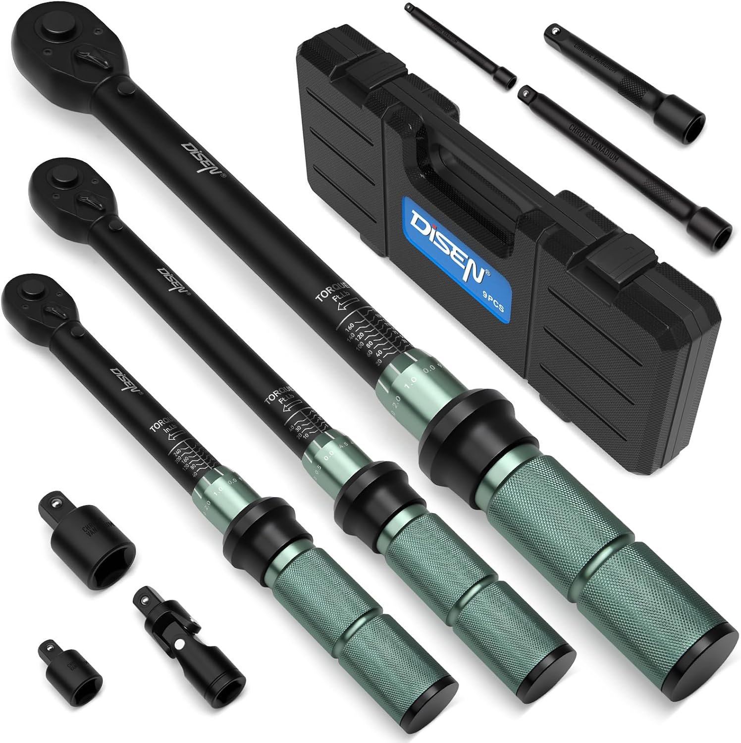 DISEN 9PC Click Torque Wrench Set, 1/4", 3/8" and 1/2" Drives, ±3% Accuracy