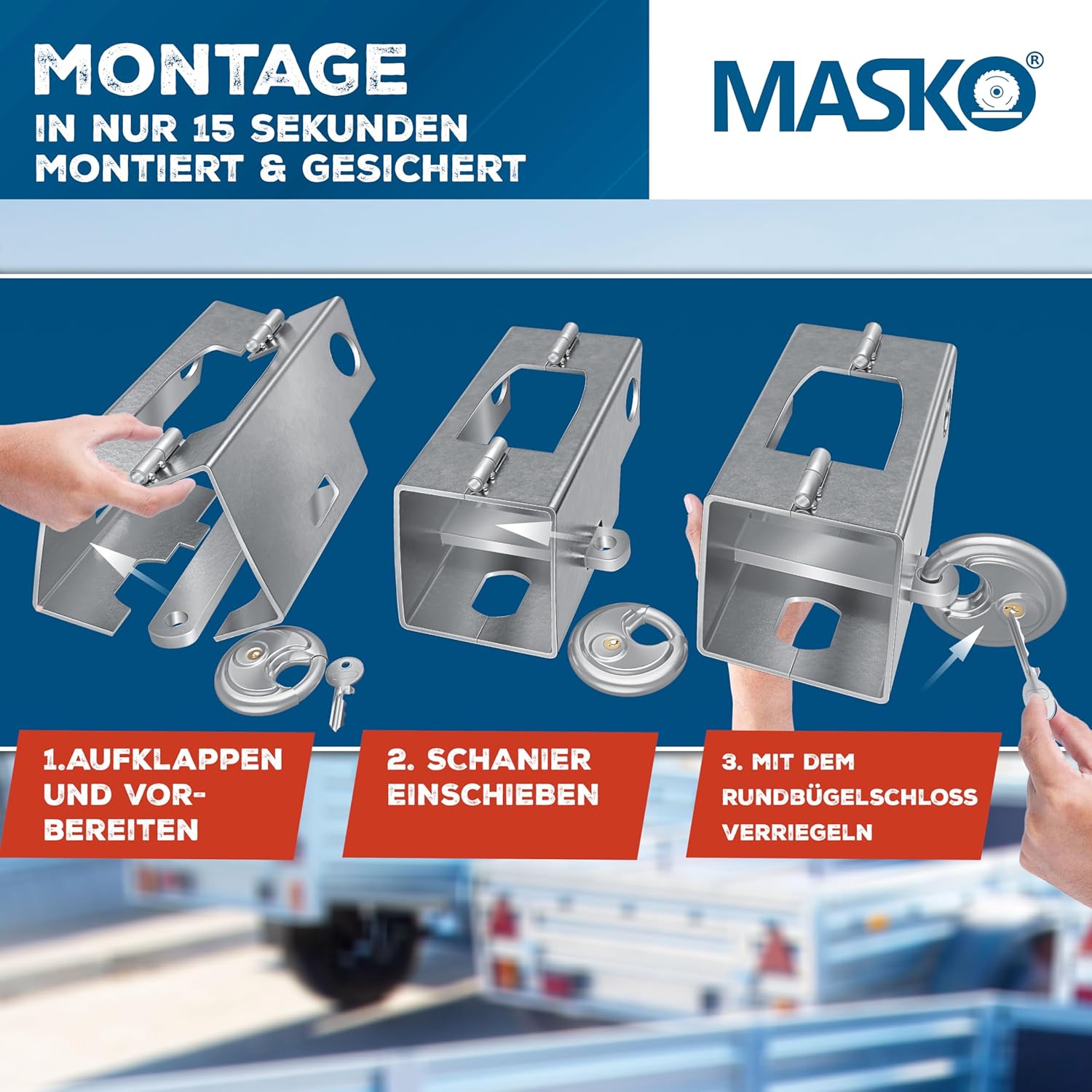 Thumbnail 5 de MASKO Anhängerschloss mit Scharniersystem – Diebstahlschutz für angekoppelte & abgekoppelte Anhänger, Silber