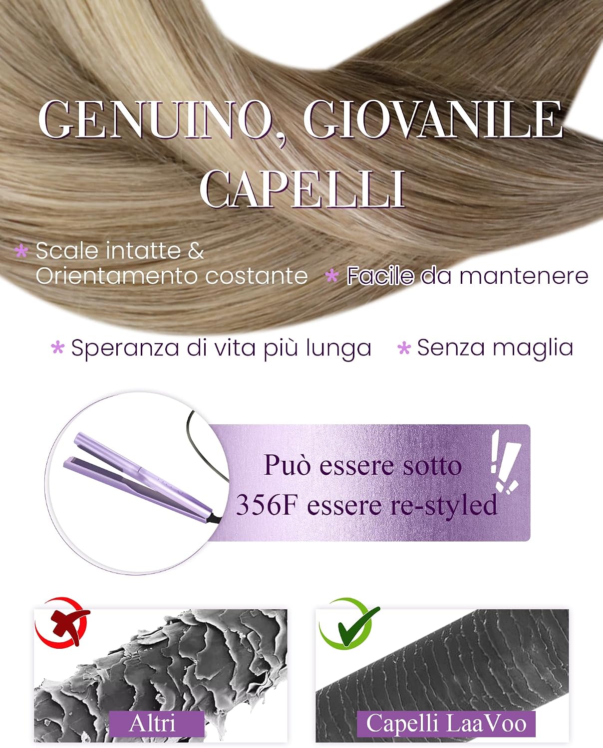 Thumbnail 3 de LaaVoo Nano Ring Extension Capelli Veri 60 cm Balayage: texture liscia e fusione discreta
