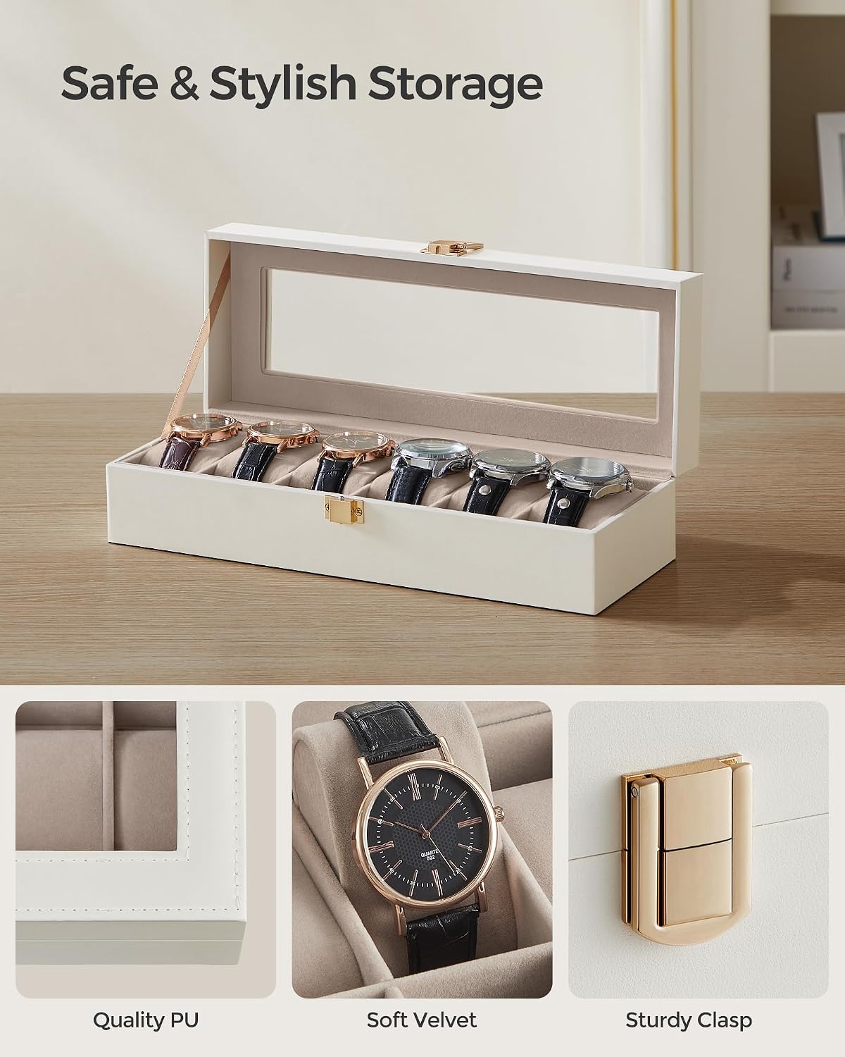 Detalle de SONGMICS Watch Box with 6 Slots (Glass Lid) JWB006W01 in Cloud White PU