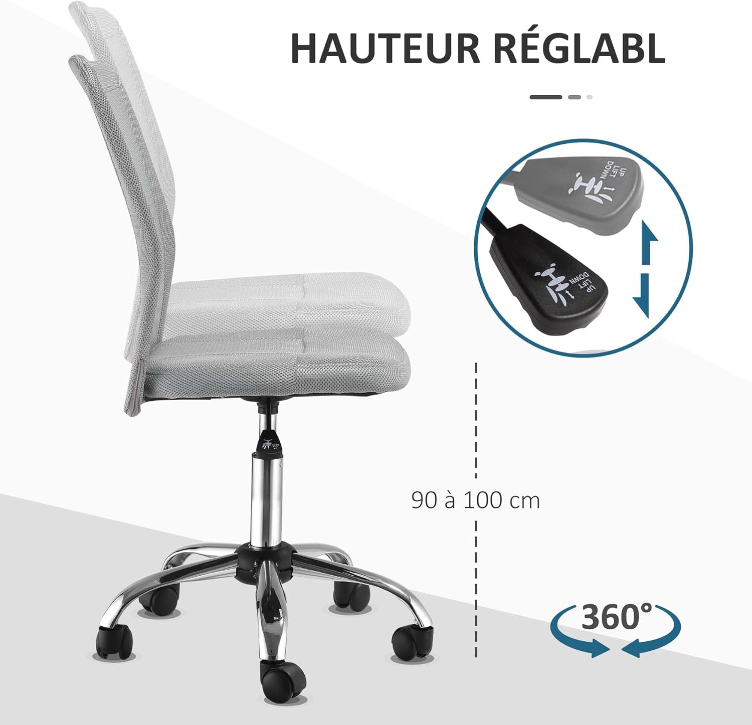 Thumbnail 2 de Vinsetto Chaise de Bureau Ergonomique, Fauteuil à Hauteur Réglable et Piètement Chromé – Maille Gris