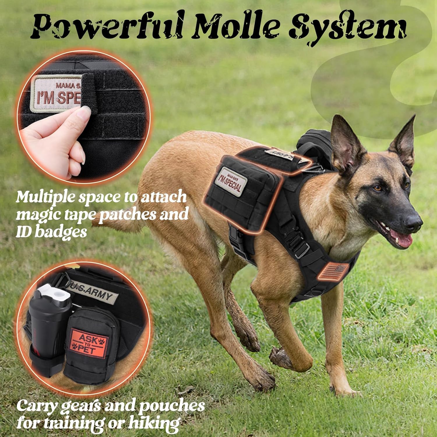 Detalle 1 de Rabbitgoo Tactical Dog Harness for Large Breeds (MOLLE Service Vest, Handle, No-Pull) — Black