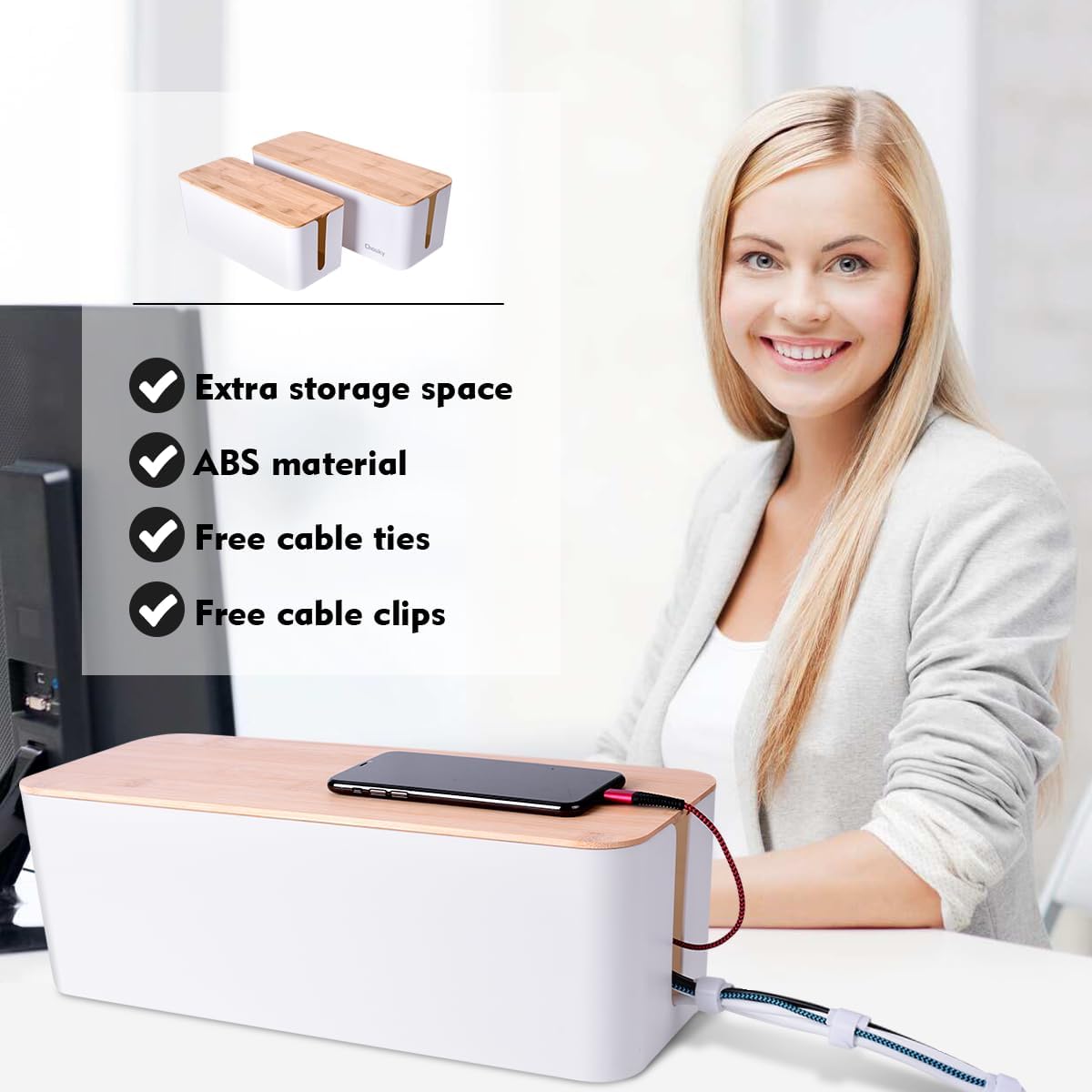 Detalle 2 de Chouky wood cable box Cable Management Box, 2-Pack with Wood-Style Lids