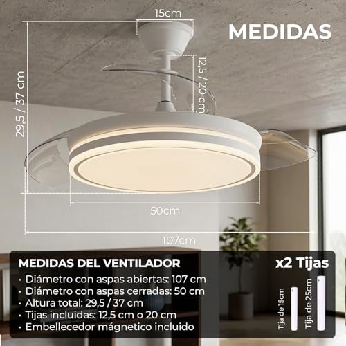 Detalle 2 de YOEVU EOS ONE: Ventilador de Techo 72W con Luz LED Regulable y Aspas Retráctiles