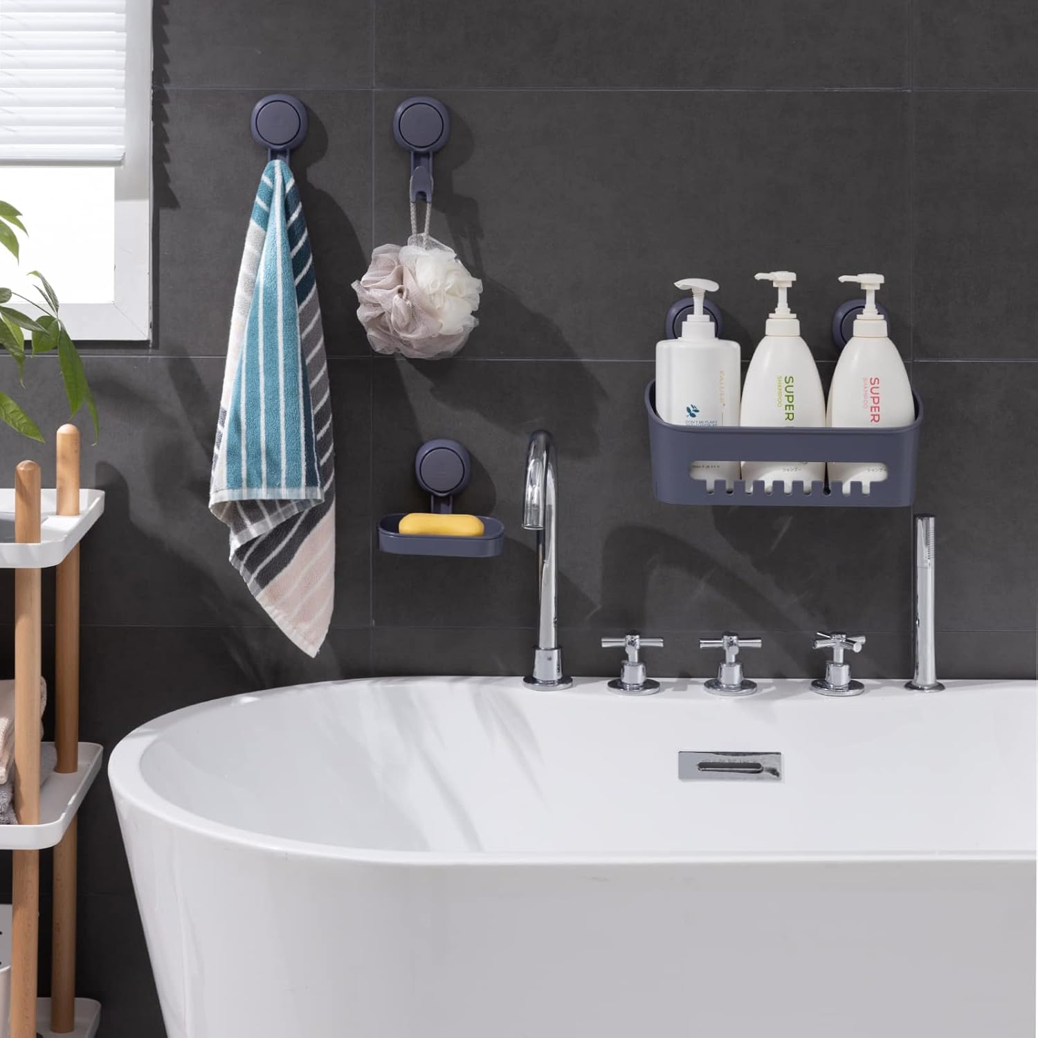 Detalle 2 de Uten Étagère de douche 4 pièces avec ventouses sans perçage (panier, porte-savon, crochets)