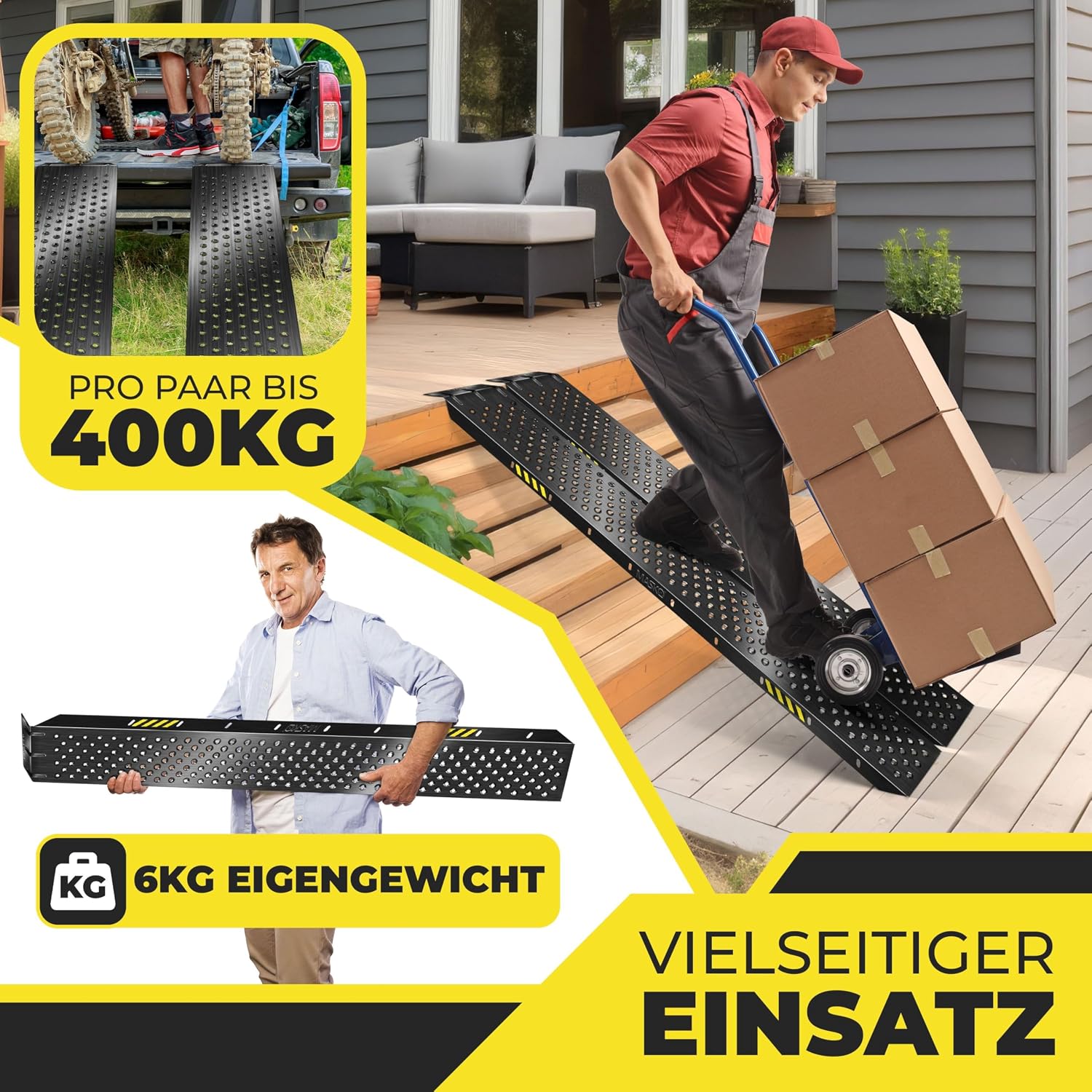 Detalle de MASKO® 2X Auffahrrampe 400kg – Verzinkte Verladerampe im 2er-Set (160x23x4,5 cm, je 5,5 kg)