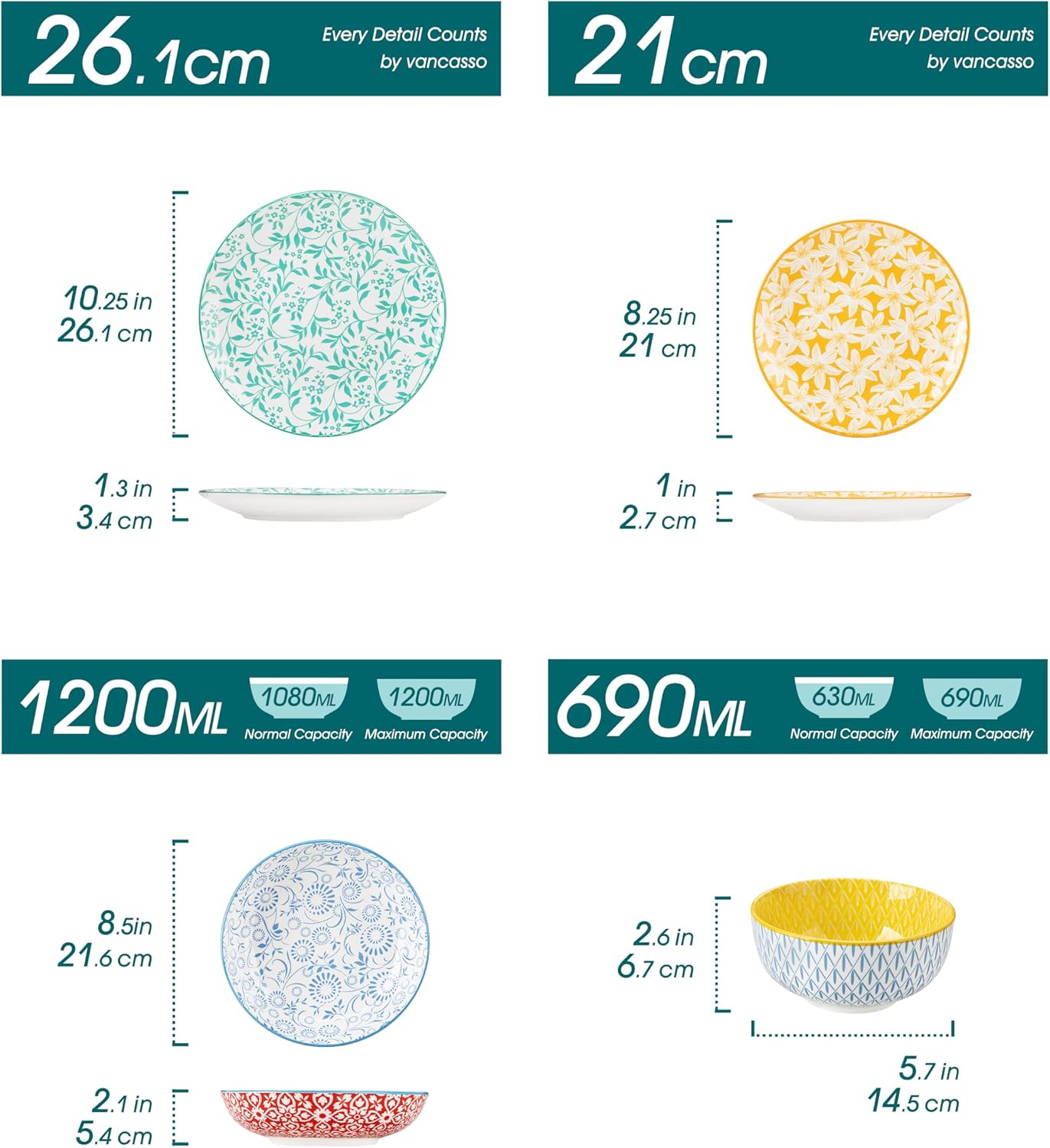 Detalle de vancasso SELENE Geschirrset 24-tlg für 6 Personen – Pastellporzellan mit Floral-Design