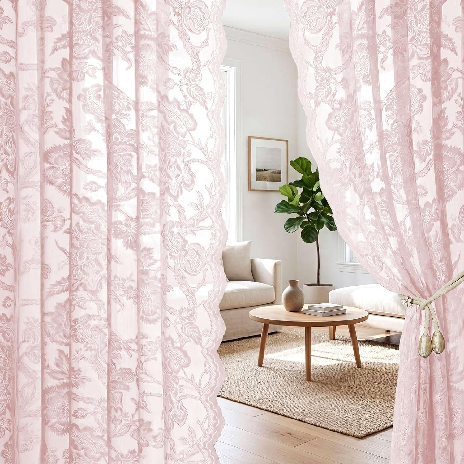 Detalle 2 de H.VERSAILTEX Light Pink Lace Curtains, 90-Inch, 2 Panels, Floral Rod Pocket