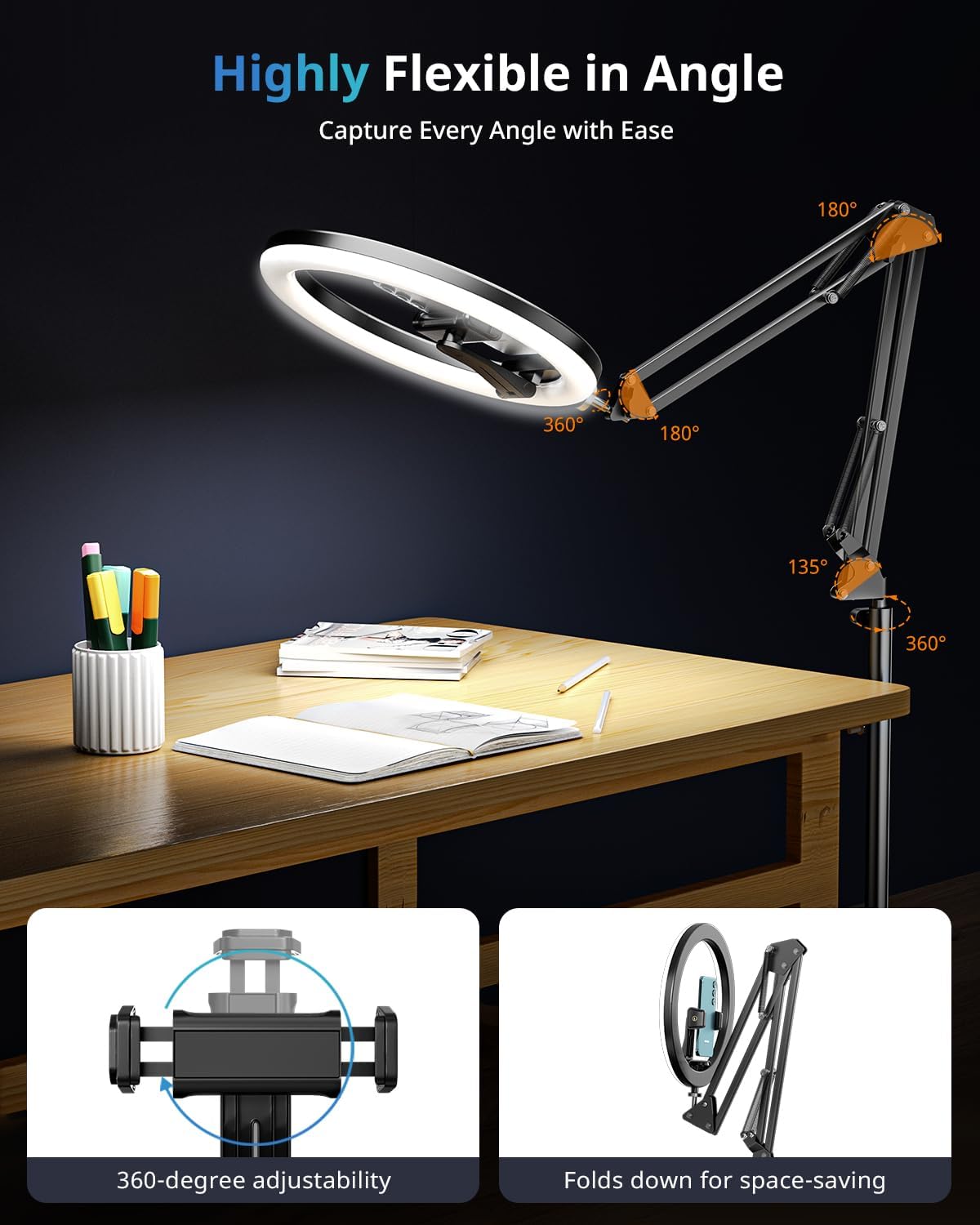 Thumbnail 2 de UBeesize 12-Inch Ring Light Tripod with 75-Inch Overhead Stand for iPhone