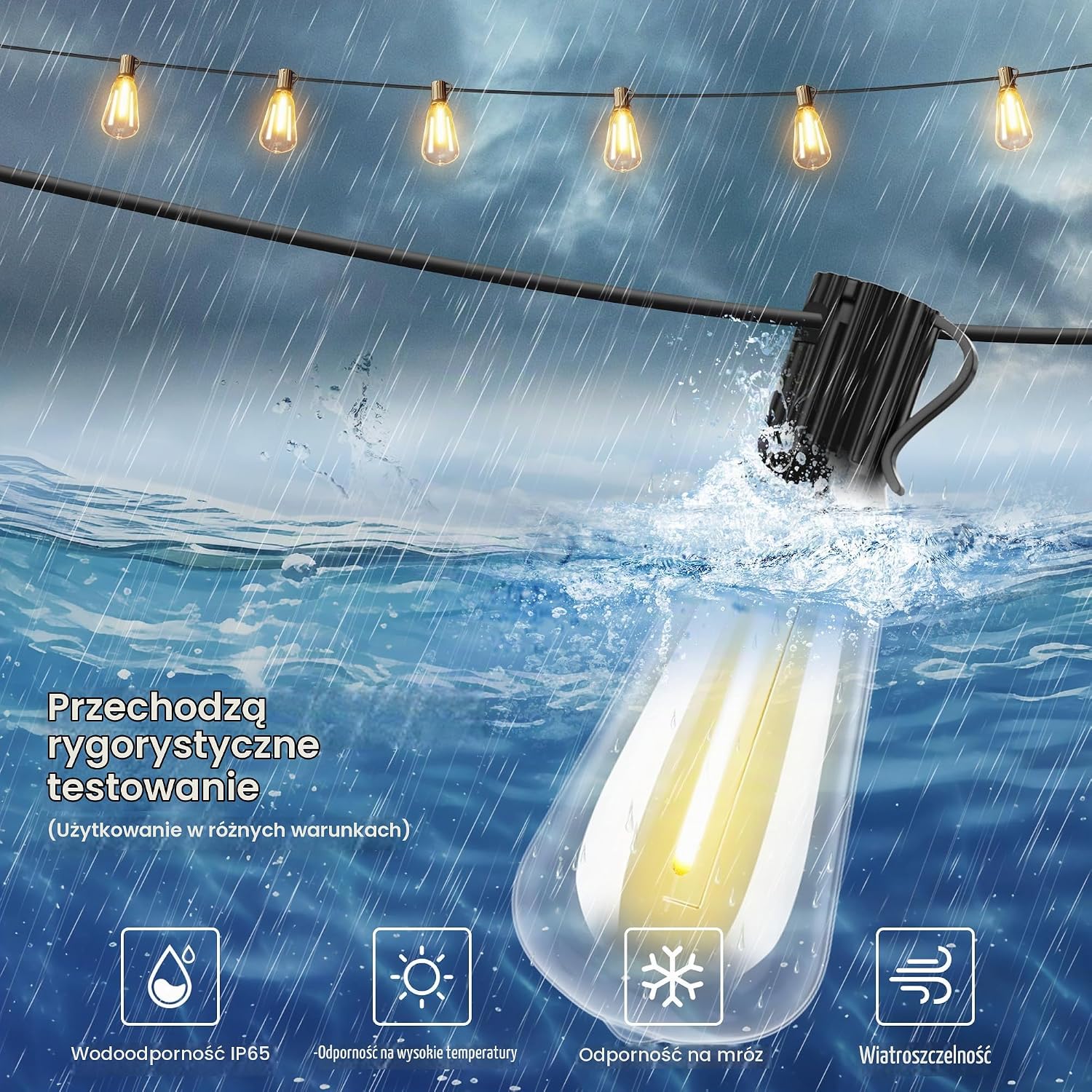 Detalle 2 de Torkase GLS-20J2P – solarna girlanda LED 10,6 m, 15+2 żarówki, ciepła biel