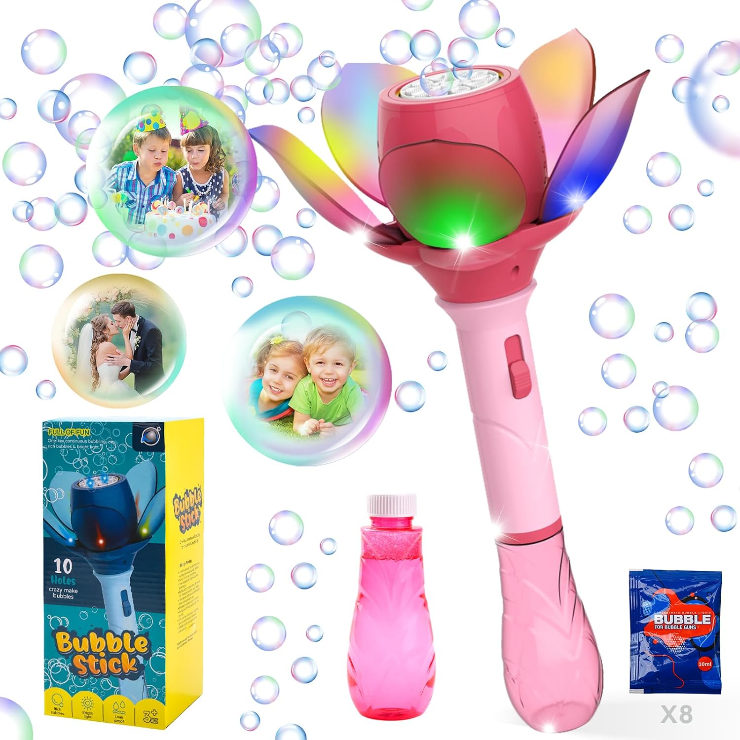 Detalle de DAOUZL Blumen Seifenblasenstab LED – Elektrische Seifenblasenpistole für Kinder