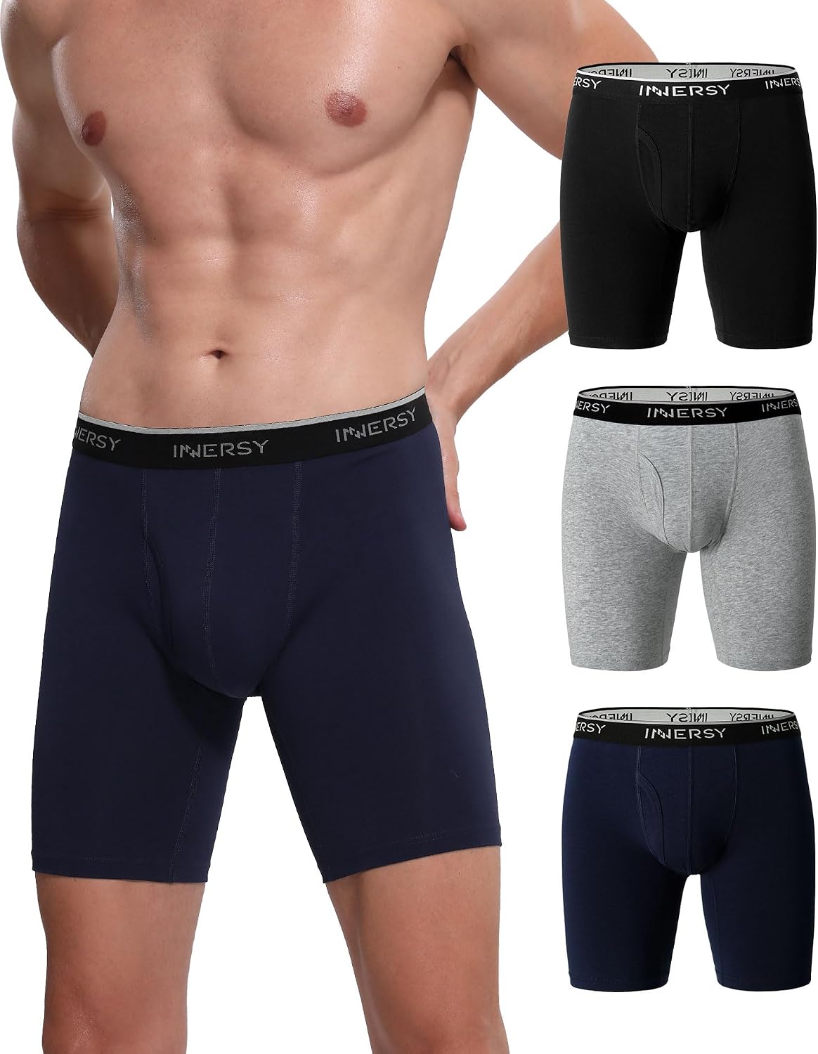 Detalle de INNERSY herenboxershorts, lange katoenen retroshorts tegen schuren, 3 stuks