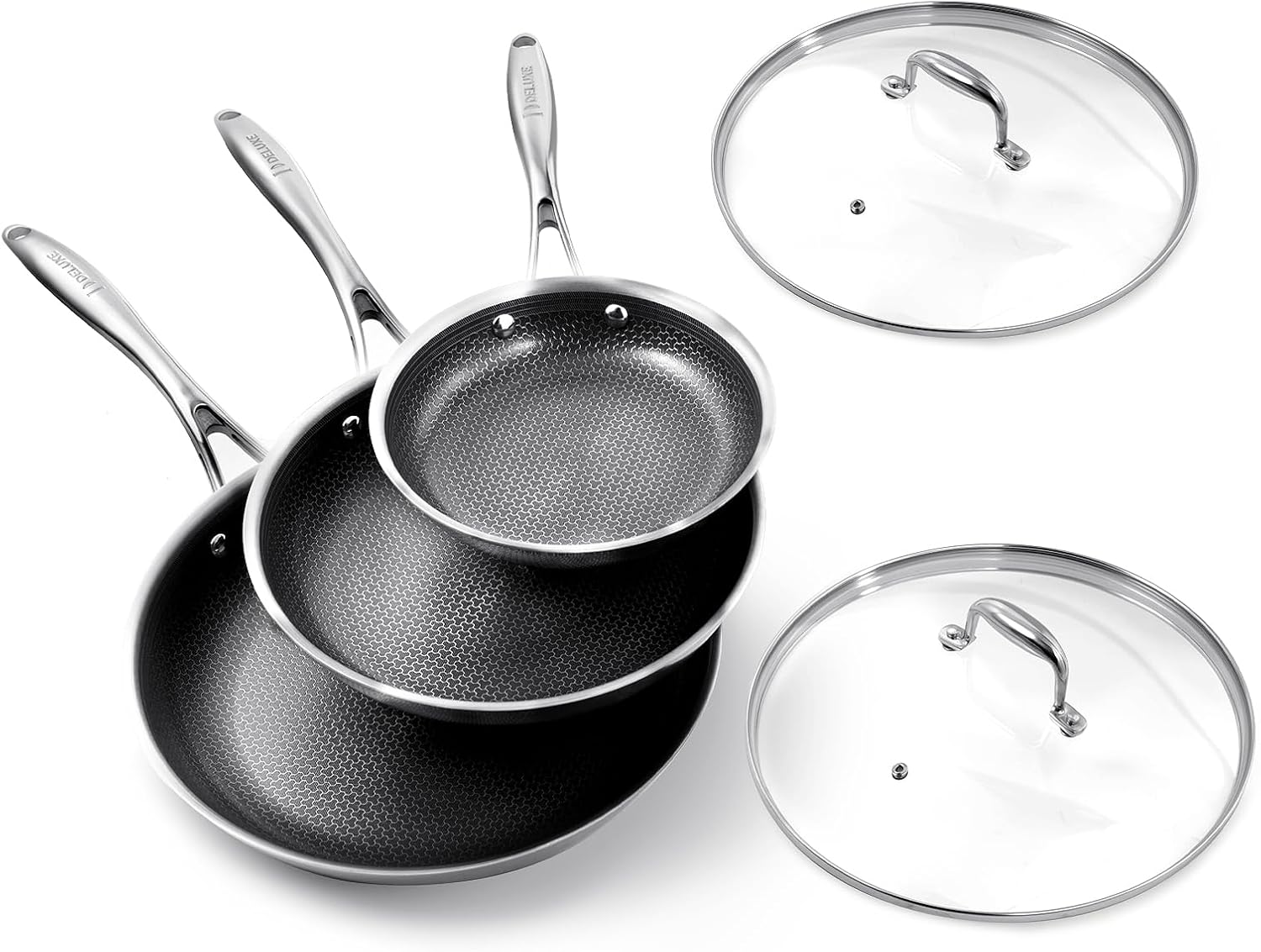 Detalle de DELUXE Hybrid Ceramic Nonstick 5-Piece Fry Pan Set (8/10/12 Inch) with Glass Lids