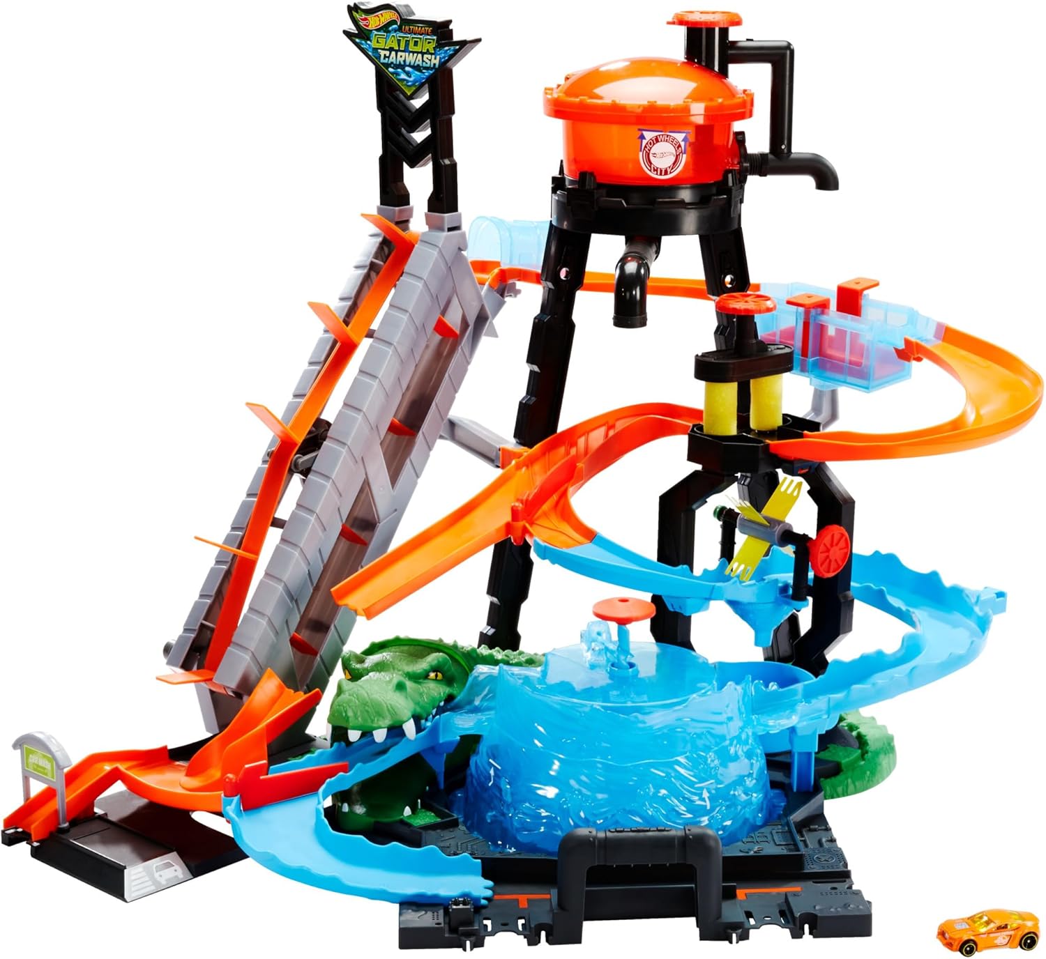 Detalle de Hot Wheels City Station de Lavage Ultime, Coffret avec Pistes Color Shifters et Alligator Géant (FTB67)