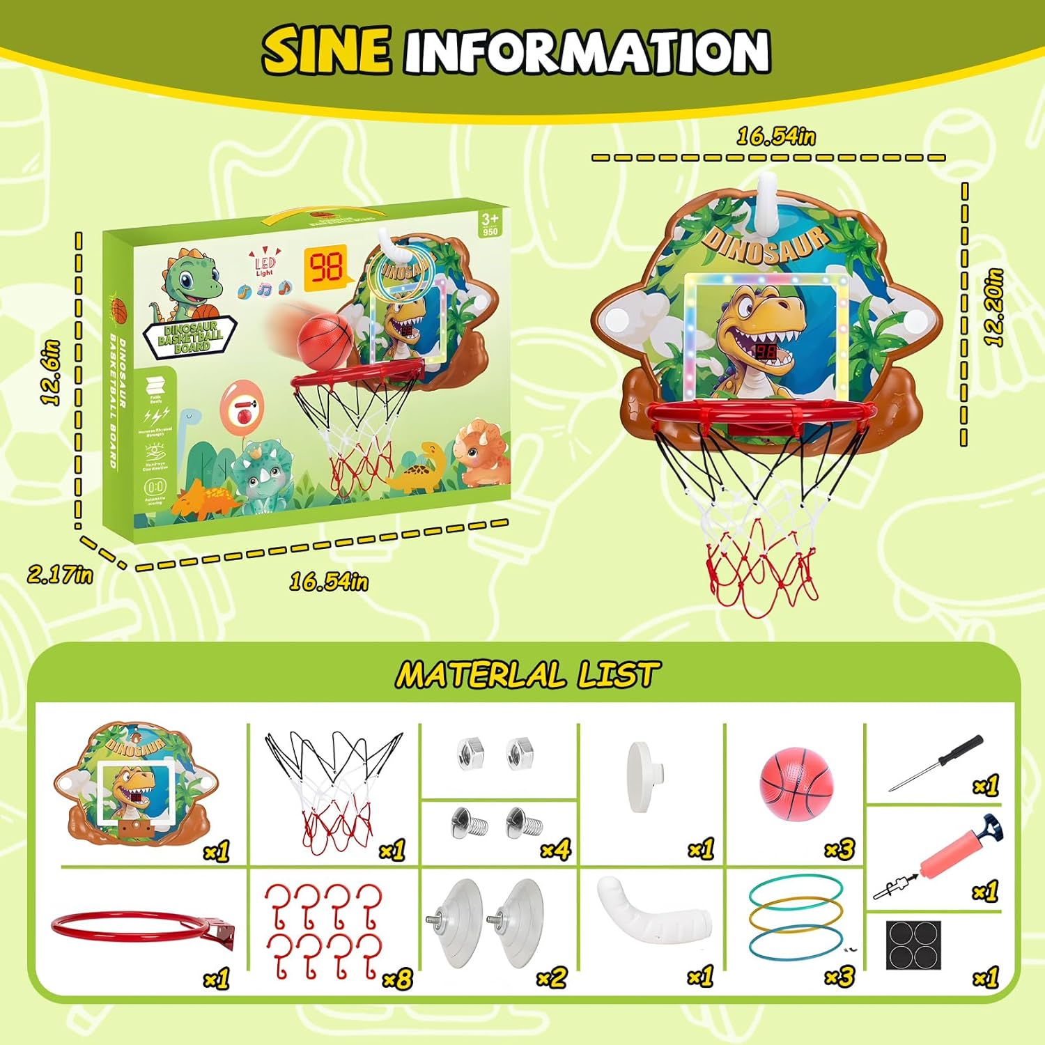 Thumbnail 5 de Fullware Mini Basketballkorb Indoor für Kinder (2-in-1) mit Ringwurf, Punkteanzeige & Musik – Dino-Design