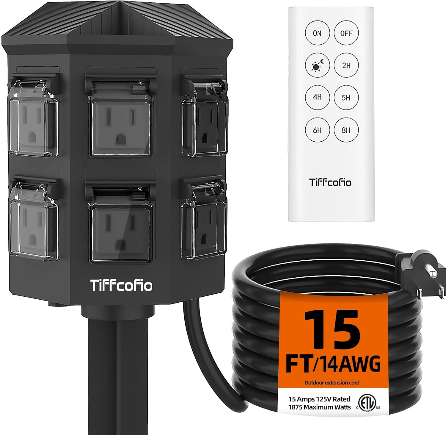 Detalle de Tiffcofio Outdoor Power Strip, 15-Foot Cord, 100-Foot Remote, 6 Outlets
