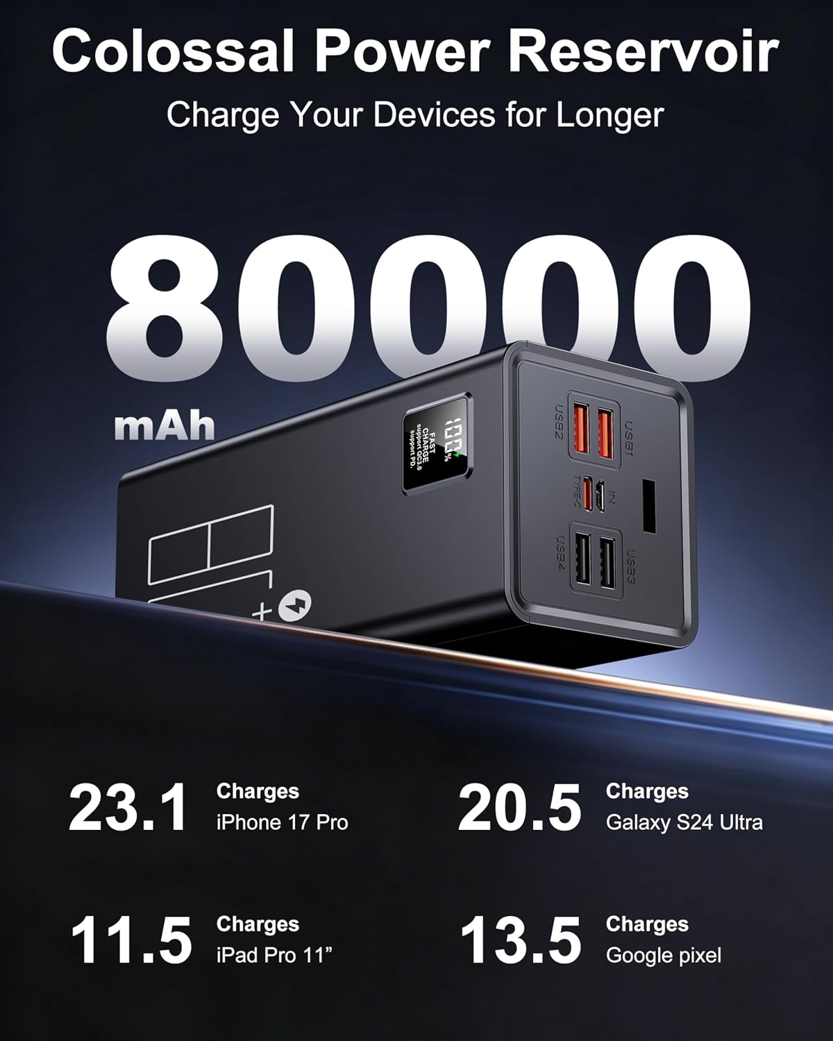 Thumbnail 1 de 80000mAh Power Bank with 30W Fast Charging — Large Capacity USB-C Battery Pack