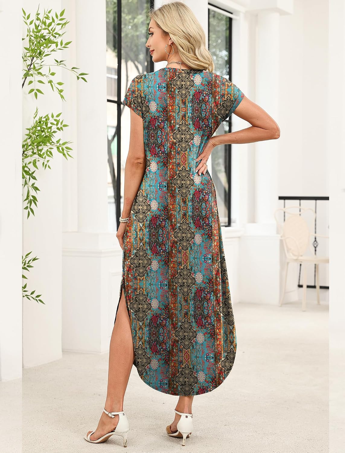 Detalle de WIHOLL Cap Sleeve Crewneck Maxi Dress with Pockets – Beach-Ready Casual Tunic to Summer Dress