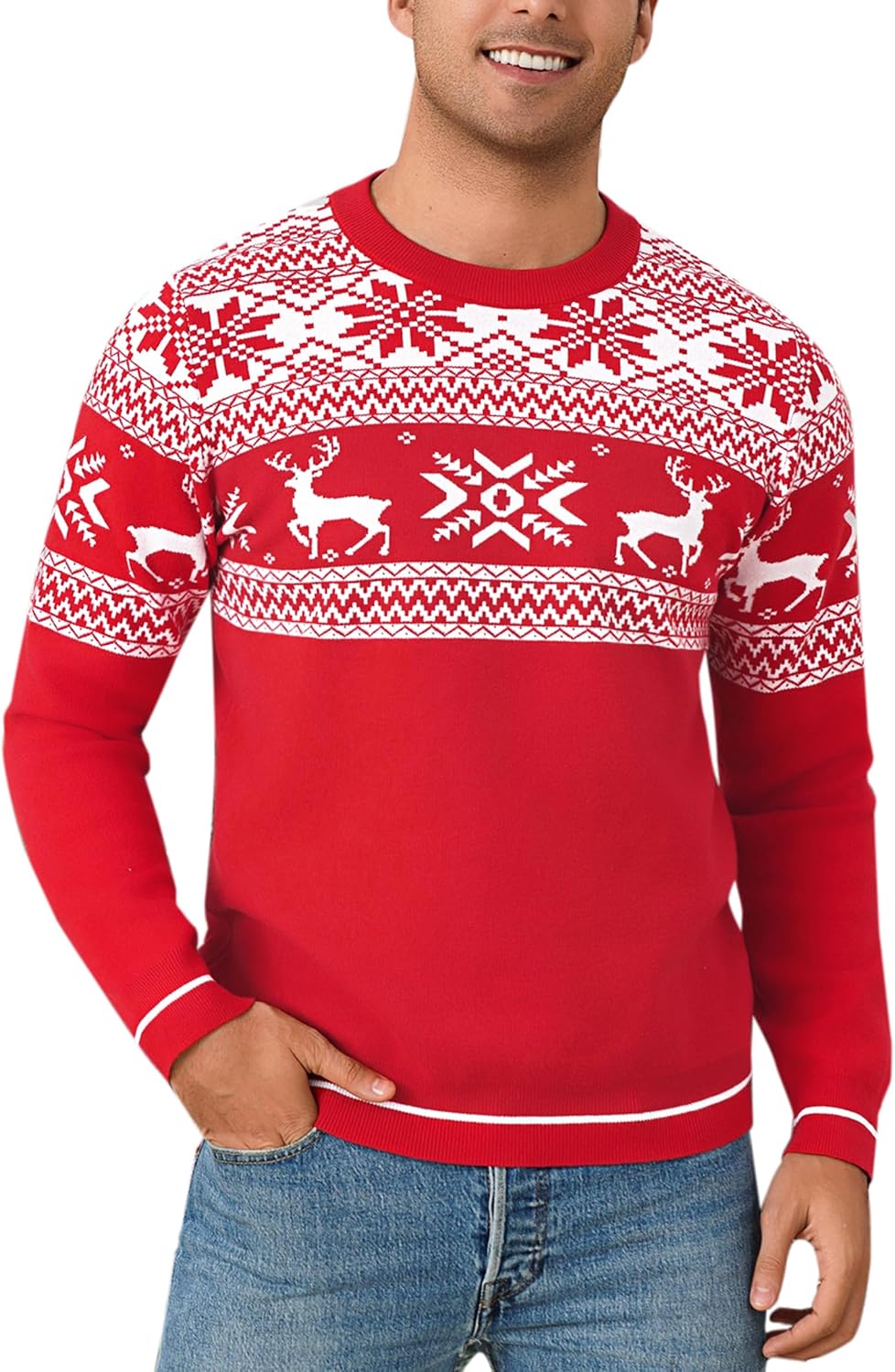 Detalle de Jahetuul Pull de Noël homme à col rond : renne et flocon, manches longues