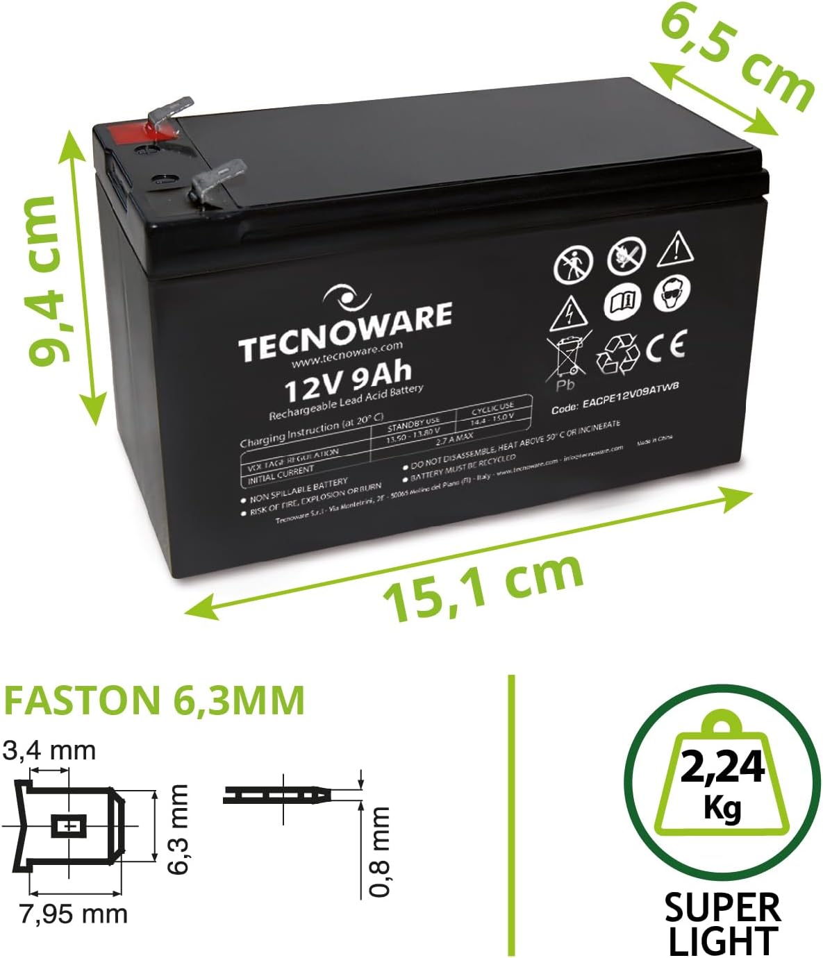Detalle de Tecnoware Power Systems Ersatzbatterie für USV: 12V 9Ah (Faston 6,3 mm), plombiert, kompakt